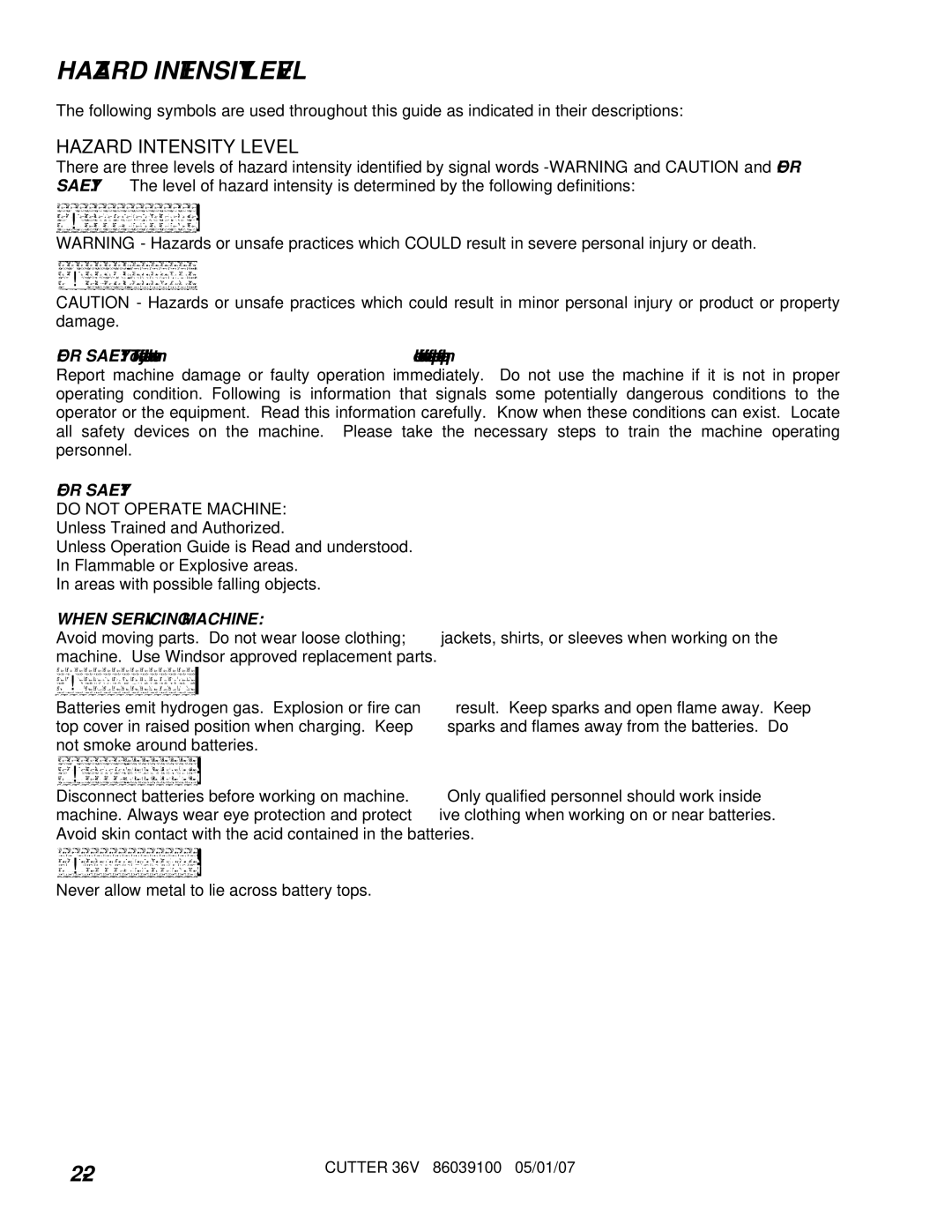 Windsor 10052400, SCX326 manual Hazard Intensity Level 