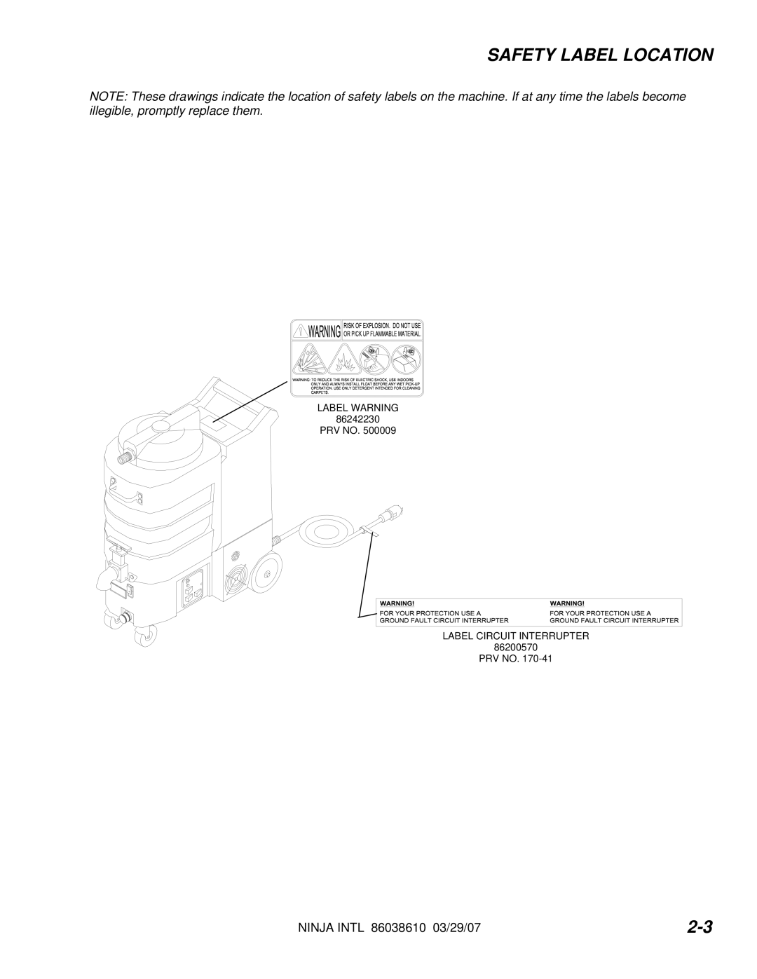 Windsor 621-225MO, 10070460, 621-222MO, 10070470 manual Safety Label Location 