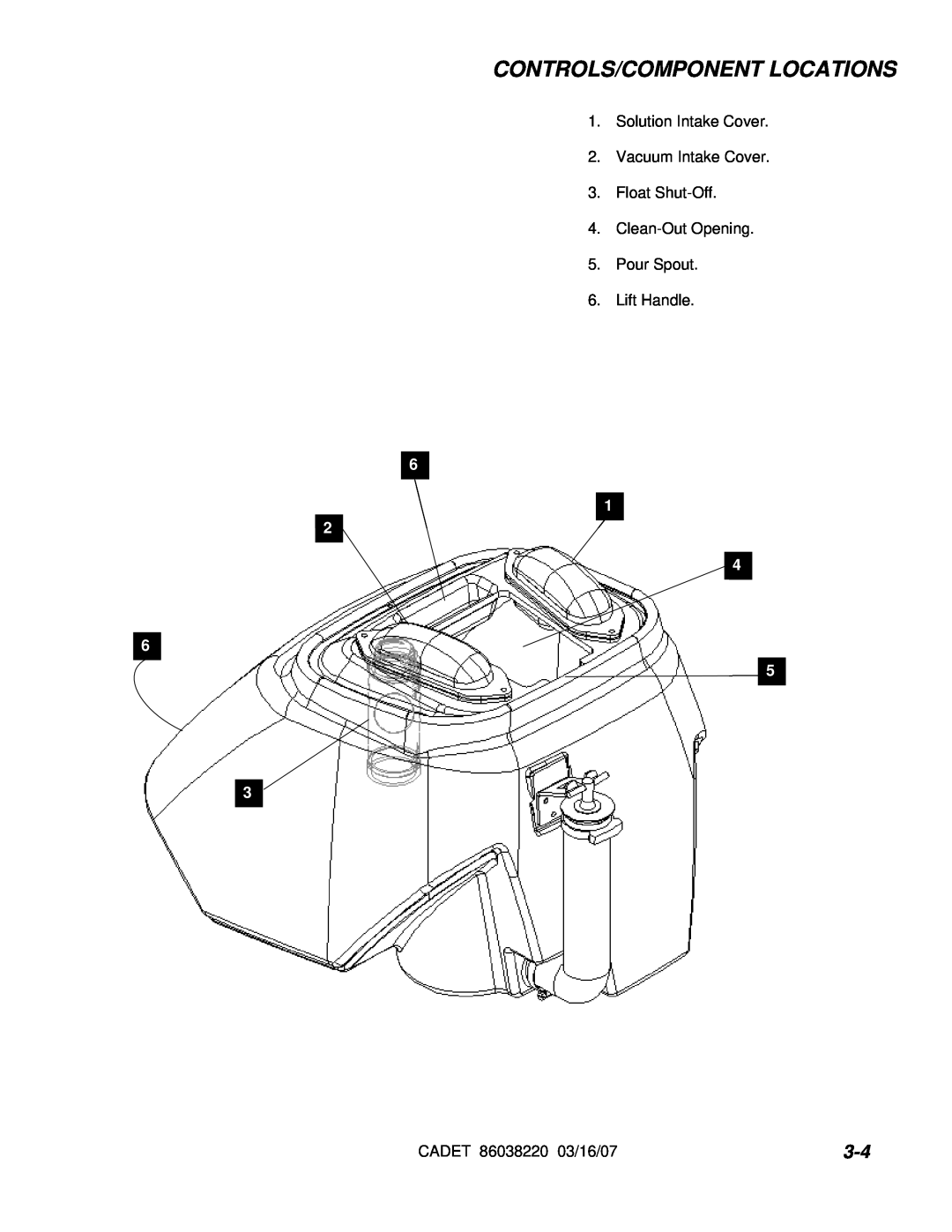 Windsor CDT7 manual Controls/Component Locations, Solution Intake Cover 2.Vacuum Intake Cover, Lift Handle, 6 2 6, 1 4 5 