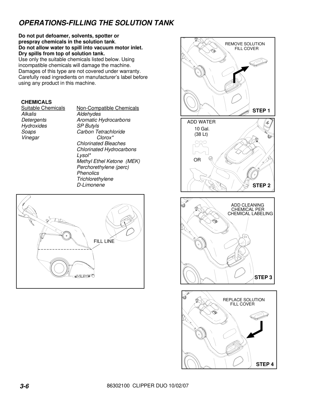 Windsor 10080480 operating instructions OPERATIONS-FILLING the Solution Tank, Dry spills from top of solution tank 