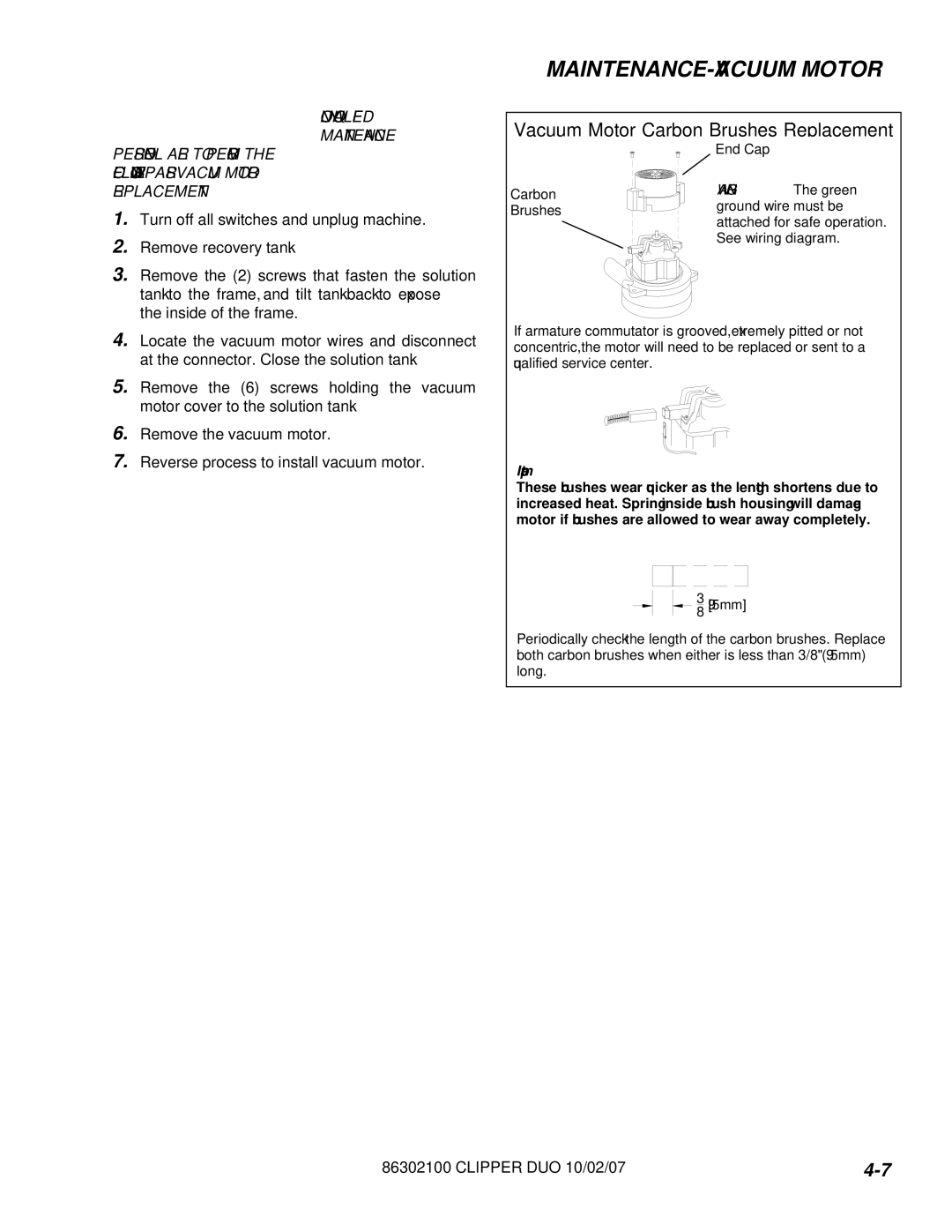 Windsor 10080480 operating instructions MAINTENANCE-VACUUM Motor, Vacuum Motor Carbon Brushes Replacement 