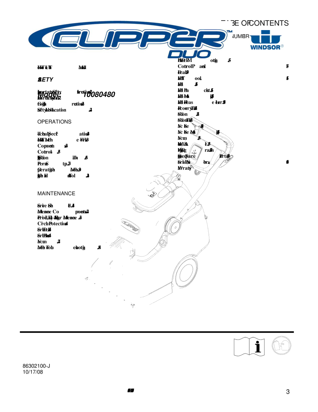 Windsor 10080480 operating instructions Table of Contents 