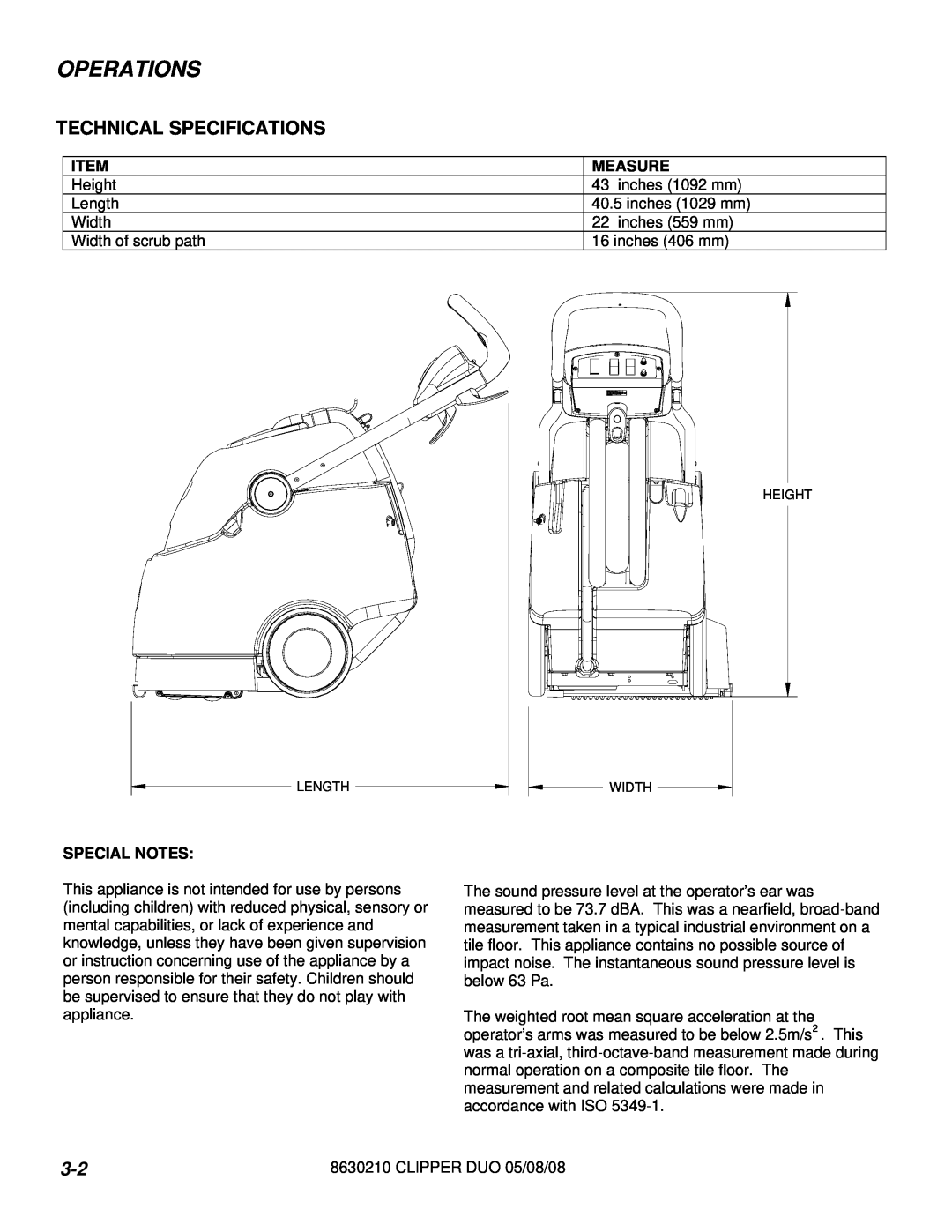 Windsor 10080480 operating instructions Operations, Technical Specifications, Special Notes, Measure 