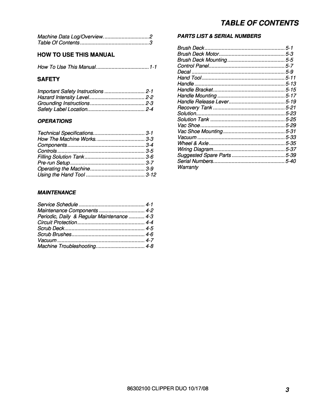 Windsor 10080480 Table Of Contents, How To Use This Manual, Safety, Operations, Maintenance, Parts List & Serial Numbers 