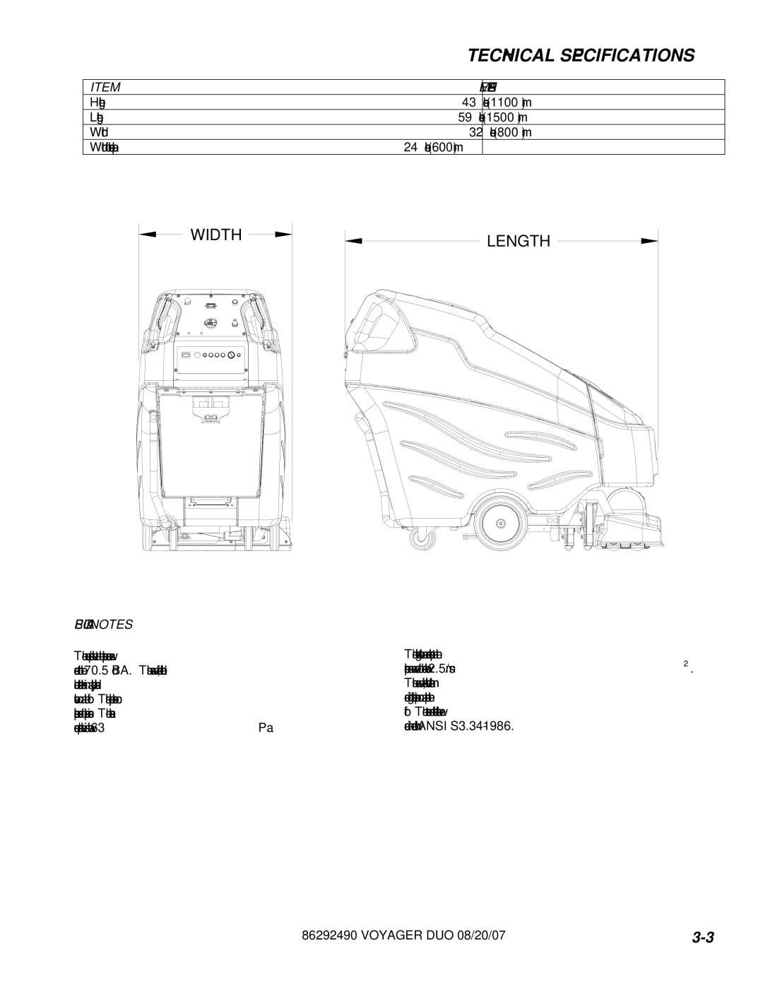 Windsor 10086150, 10086130 manual Technical Specifications, Measure, Special Notes 