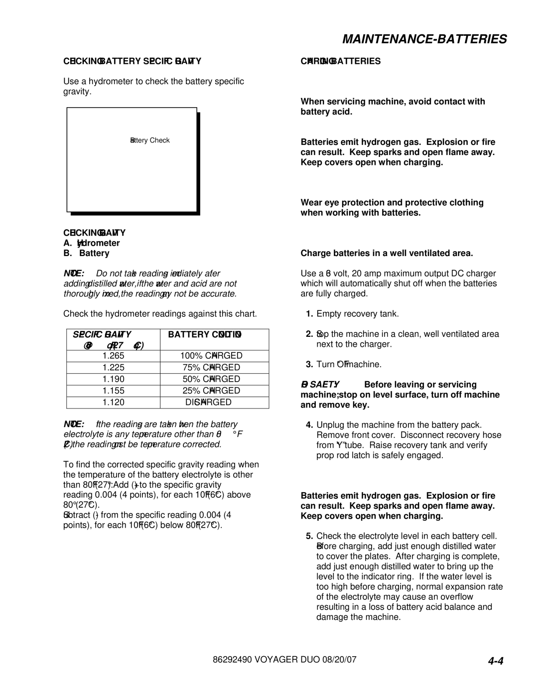 Windsor 10086150, 10086130 manual Checking Battery Specific Gravity, Checking Gravity, Battery Condition, Charging Batteries 