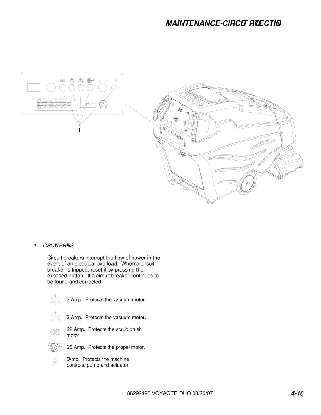 Windsor 10086150, 10086130 manual MAINTENANCE-CIRCUIT Protection, Circuit Breakers 