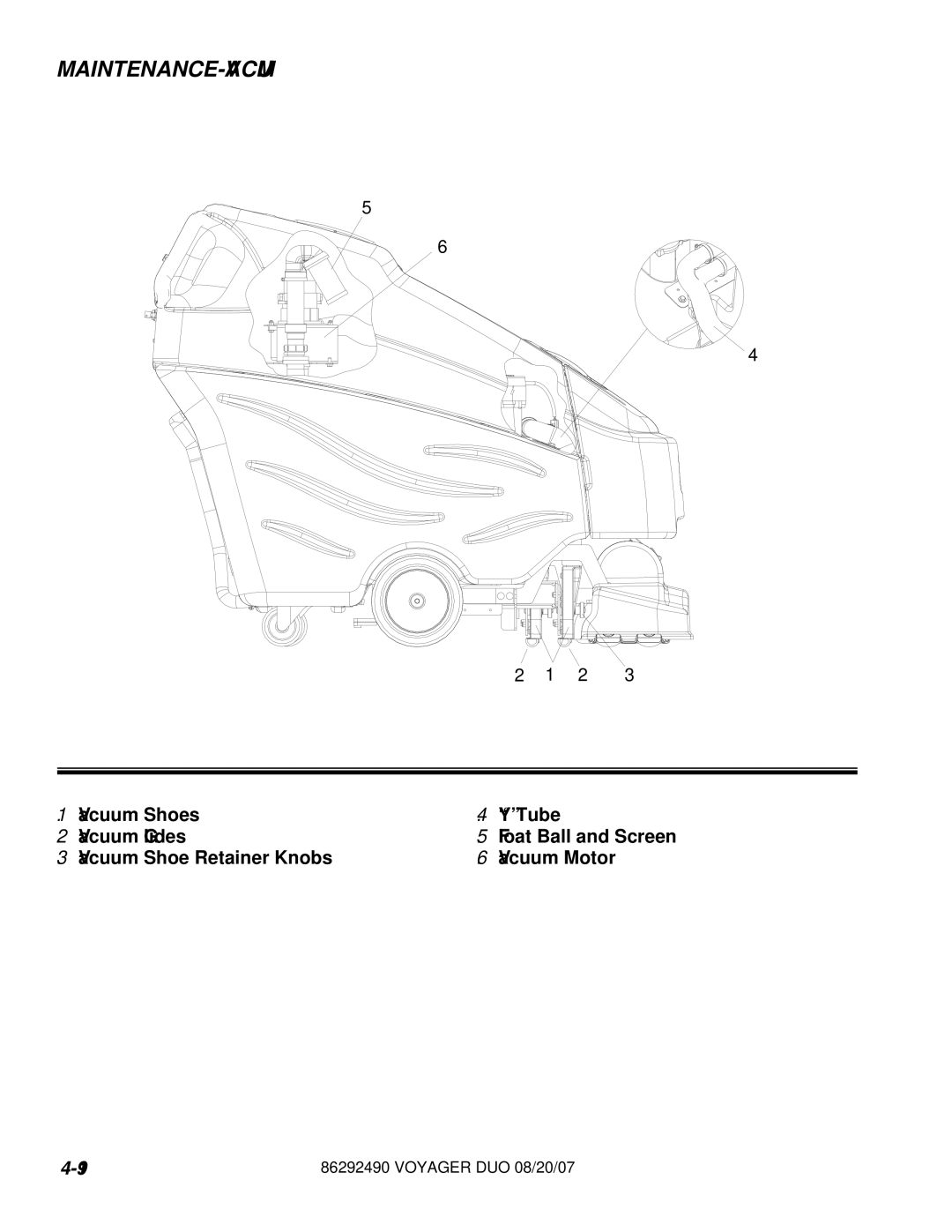 Windsor 10086130, 10086150 manual Maintenance-Vacuum, Vacuum Shoe Retainer Knobs Vacuum Motor 