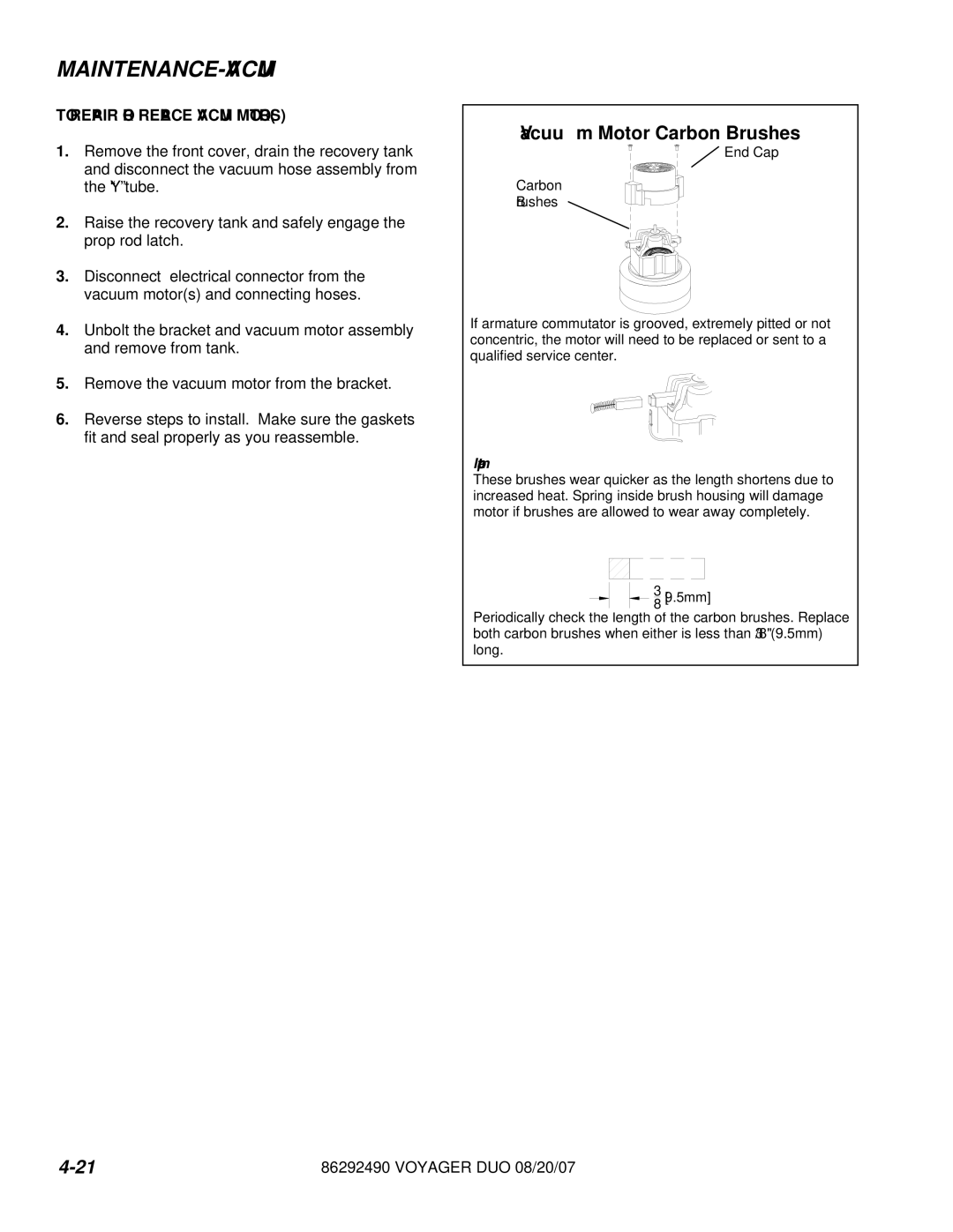 Windsor 10086130, 10086150 manual Vacuum Motor Carbon Brushes, To Repair or Replace Vacuum Motors 