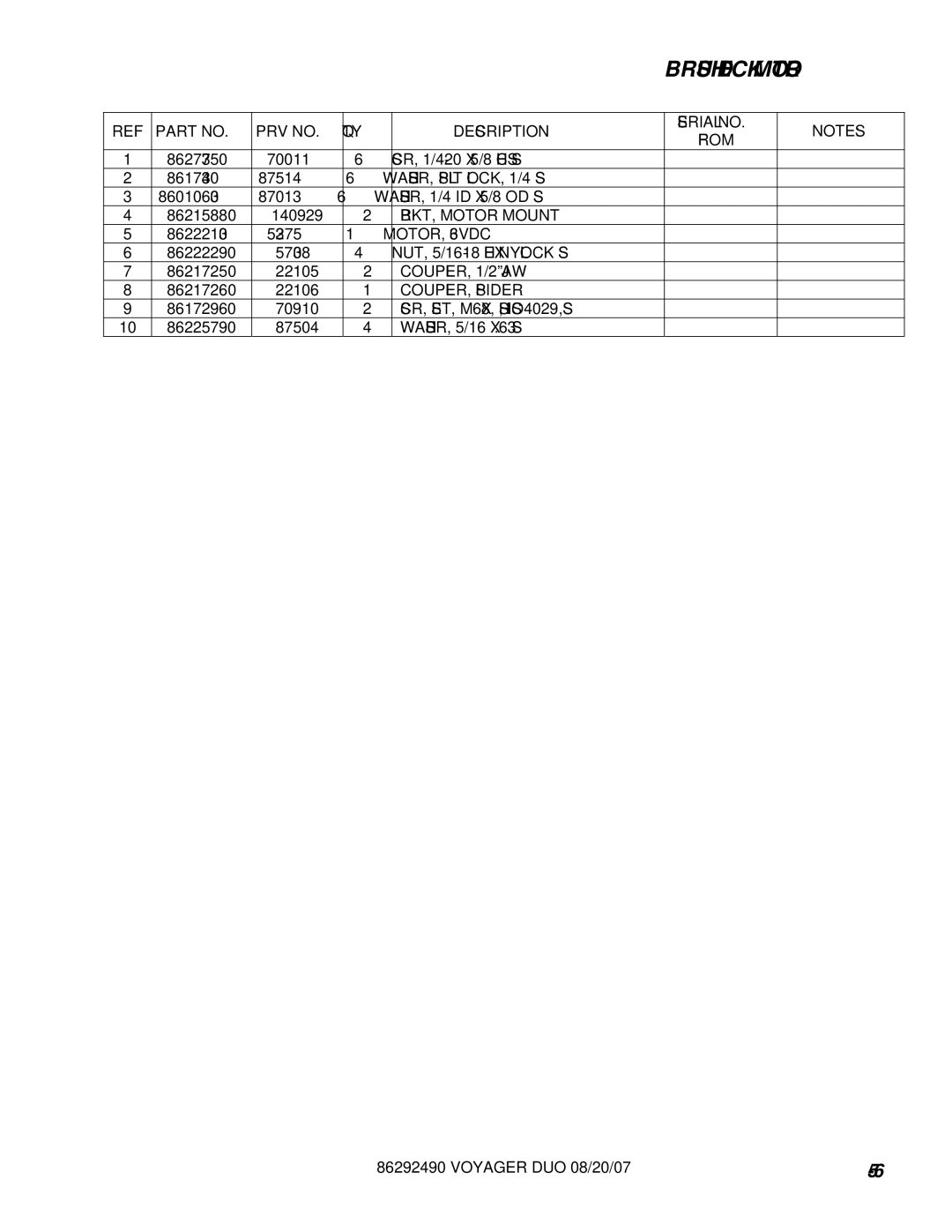 Windsor 10086150 WASHER, Split LOCK, 1/4 SS, BRKT, Motor Mount, MOTOR, 36VDC, NUT, 5/16-18 HEX Nylock SS, COUPLER, 1/2 JAW 