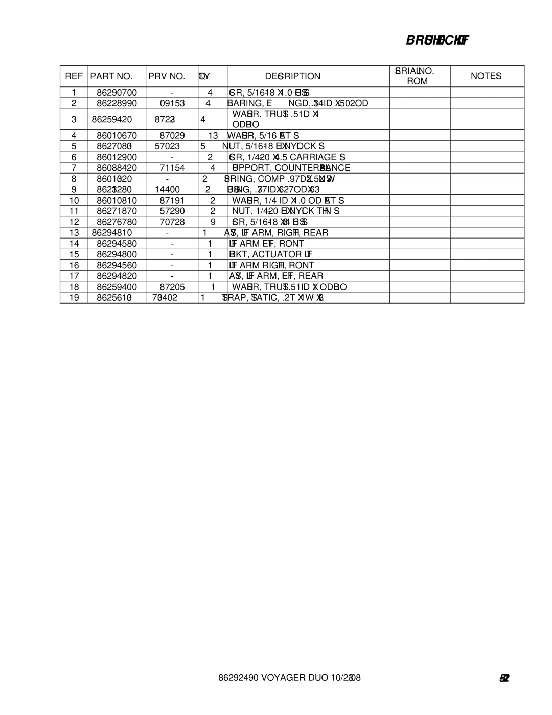 Windsor 10086150 BEARING, FLNGD,.314ID X .502OD, WASHER, Thrust .51D X Odbro, SUPPORT, Counterbalance, BRKT, Actuator Lift 