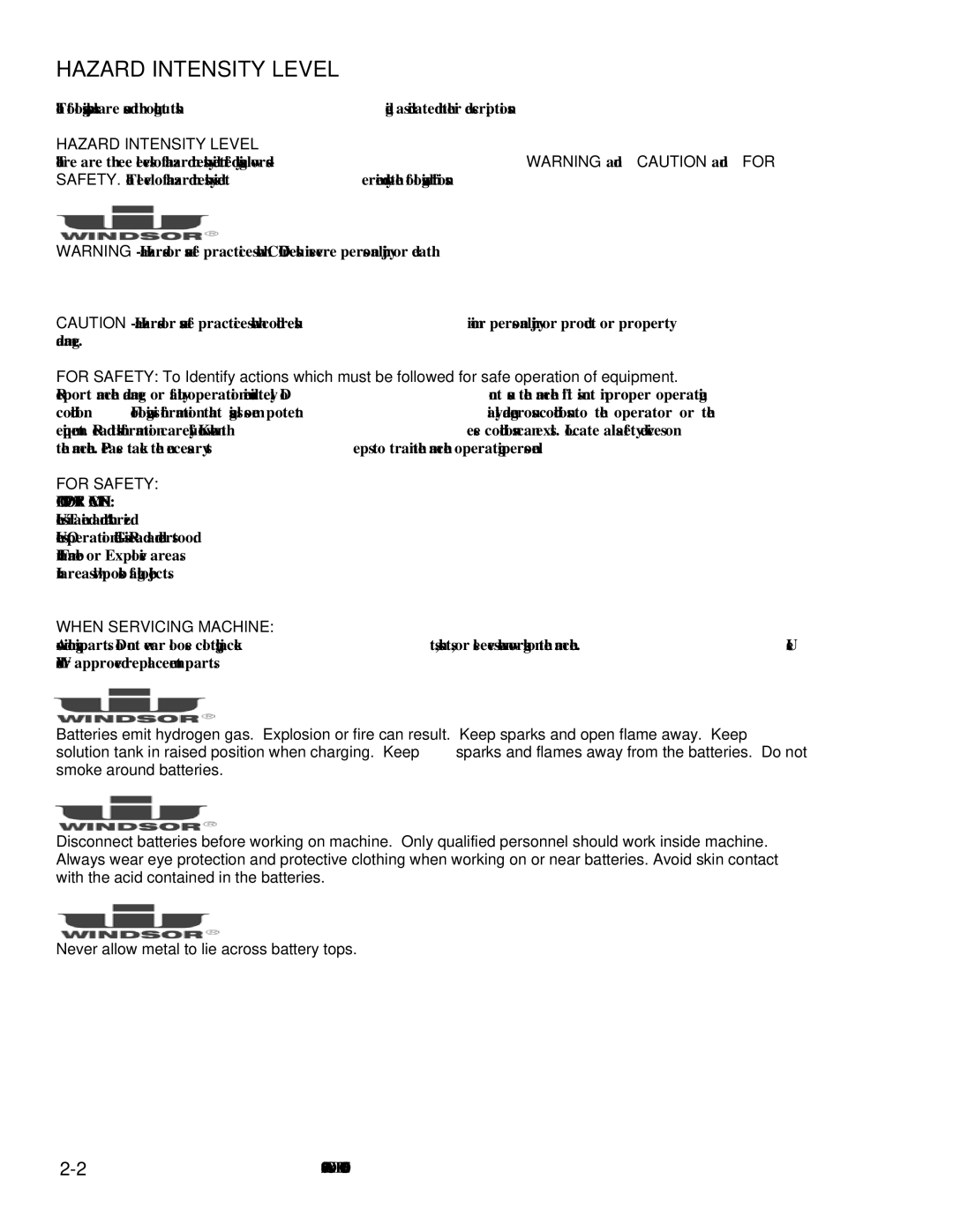 Windsor 10086130, 10086150 manual Hazard Intensity Level, Do not Operate Machine 