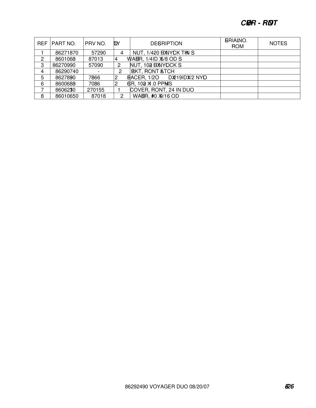 Windsor 10086150 WASHER, 1/4ID X 5/8 OD SS, NUT, 10-32 HEX Nylock SS, BRKT, Front Latch, SPACER, 1/2ODX.219IDX1/2 Nylo 