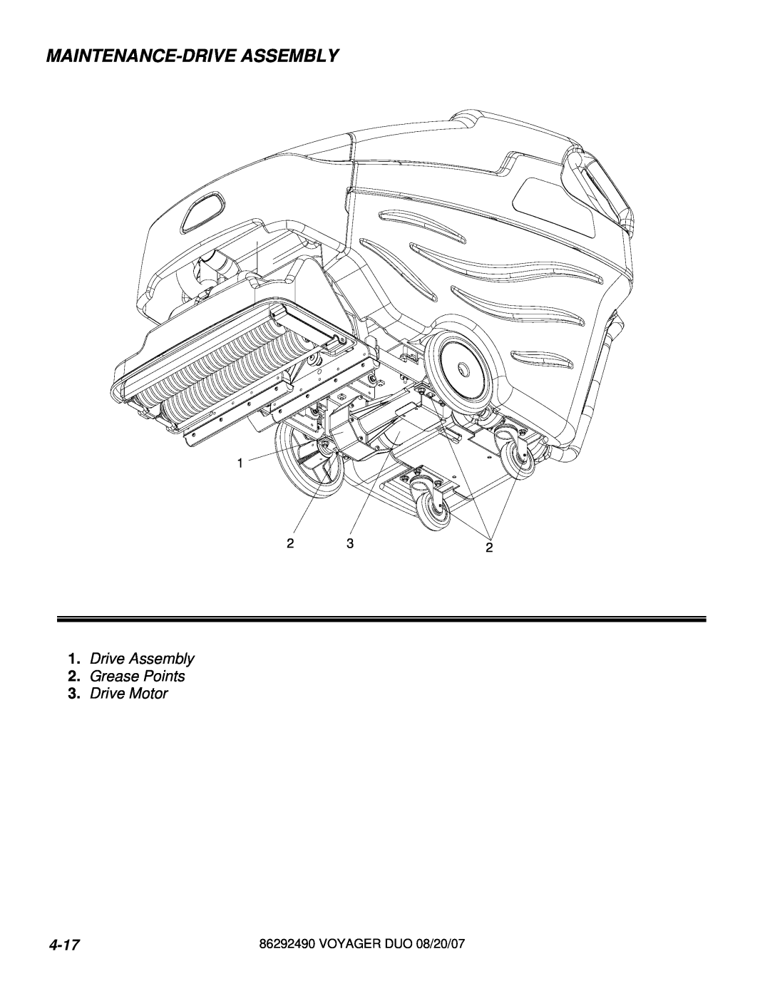 Windsor 10086130, 10086150 manual Maintenance-Driveassembly, Drive Assembly 2.Grease Points 3.Drive Motor, 4-17 