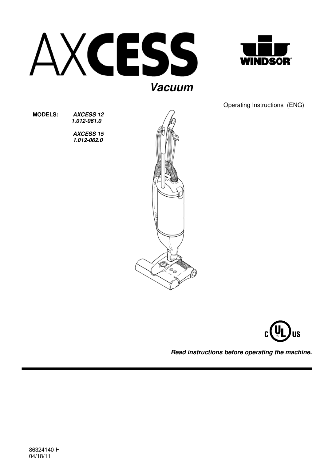 Windsor 1.012-062.0, 1.012-061.0 operating instructions Vacuum 