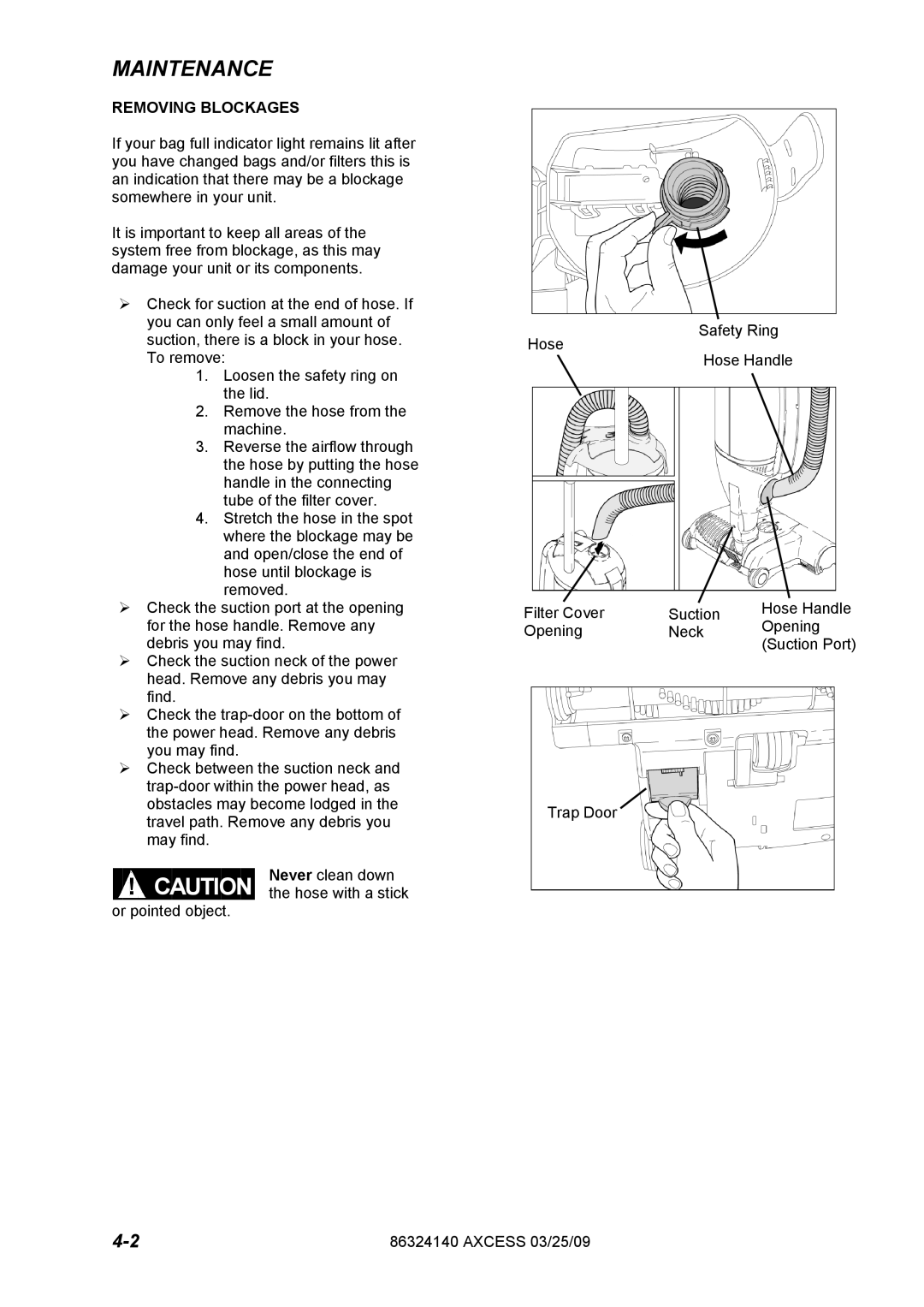 Windsor 1.012-061.0, 1.012-062.0 operating instructions Removing Blockages 