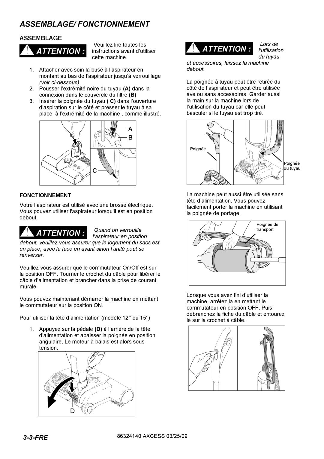 Windsor 1.012-061.0, 1.012-062.0 operating instructions ASSEMBLAGE/ Fonctionnement, Assemblage 