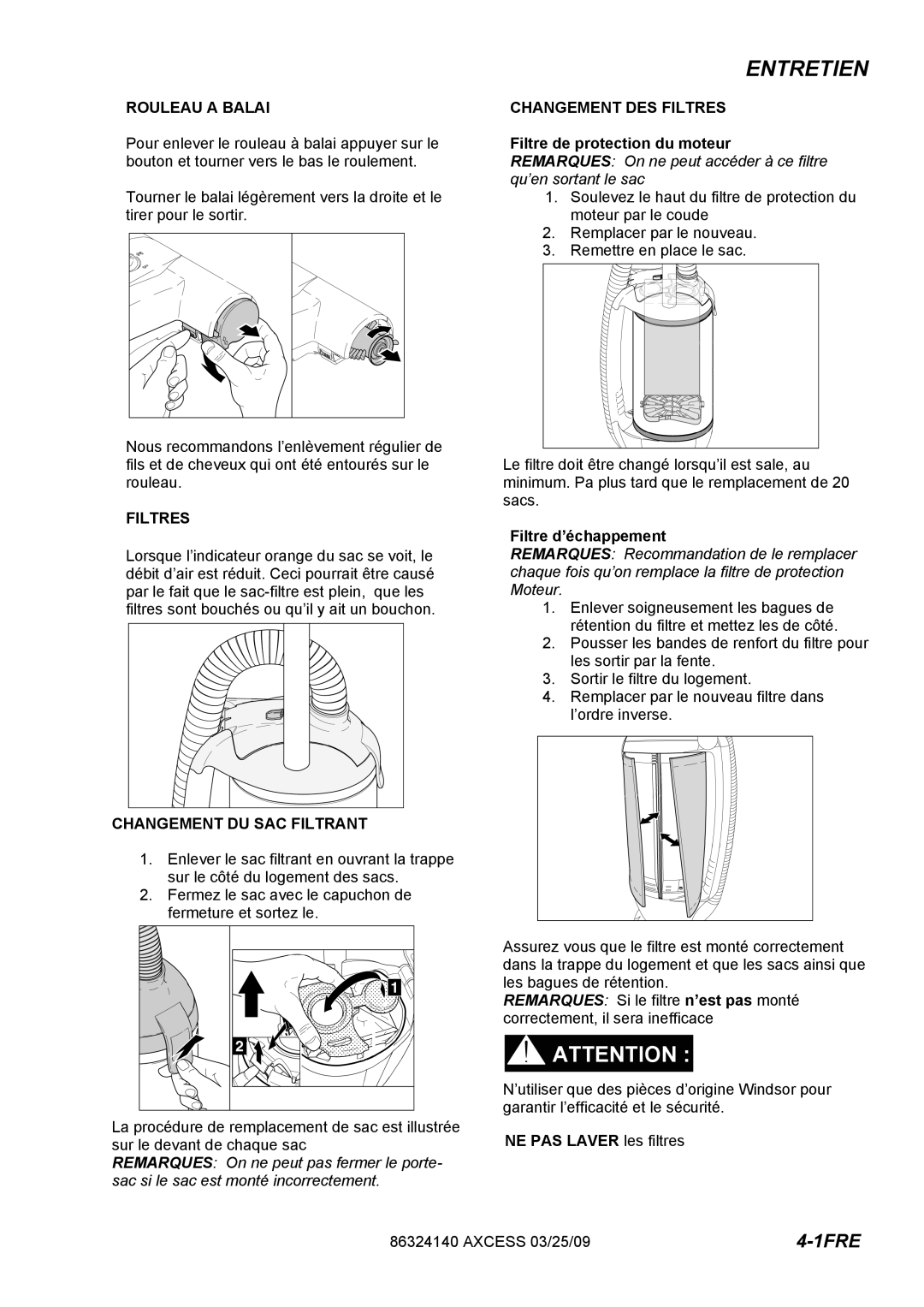 Windsor 1.012-062.0, 1.012-061.0 Entretien, Rouleau a Balai, Changement DU SAC Filtrant, Changement DES Filtres 