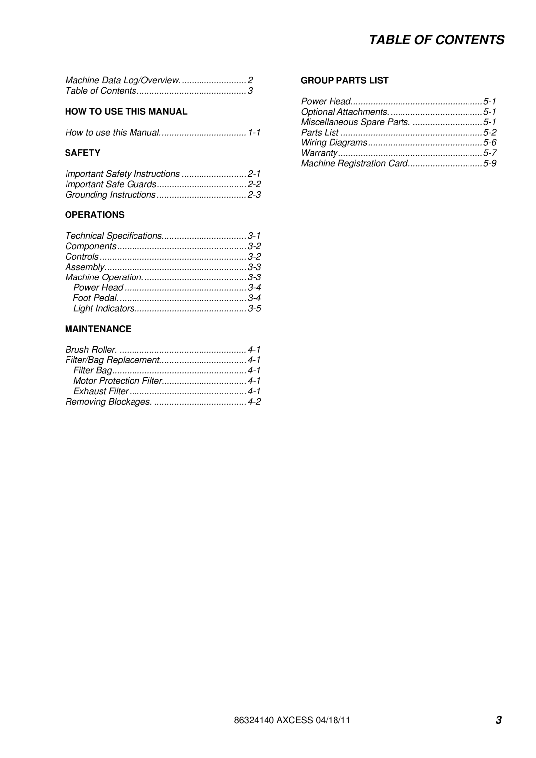 Windsor 1.012-062.0, 1.012-061.0 operating instructions Table of Contents 