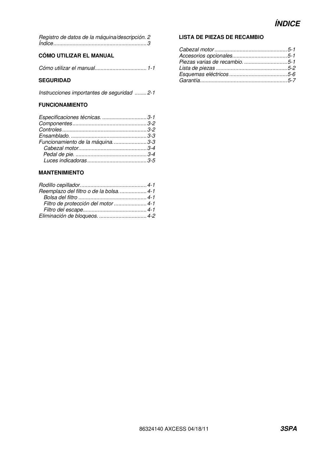 Windsor 1.012-062.0, 1.012-061.0 operating instructions Índice, Funcionamiento 