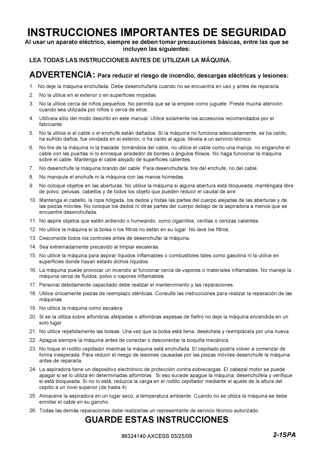 Windsor 1.012-062.0 Instrucciones Importantes DE Seguridad, LEA Todas LAS Instrucciones Antes DE Utilizar LA Máquina 