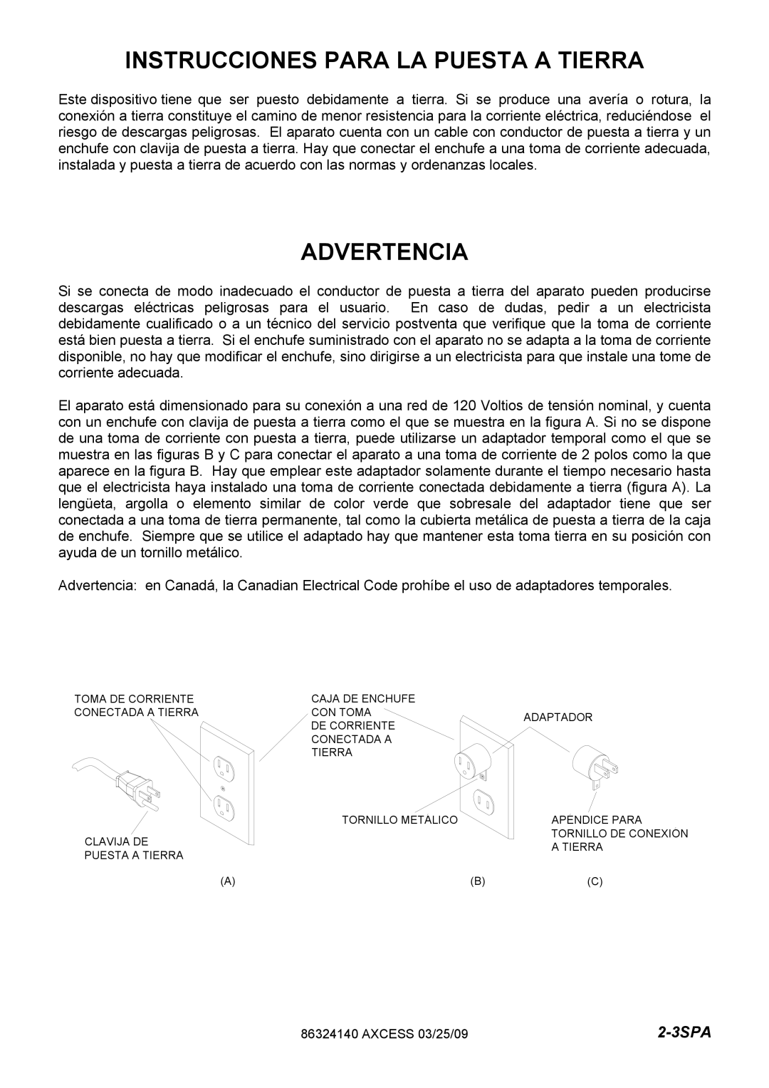 Windsor 1.012-062.0, 1.012-061.0 operating instructions Instrucciones Para LA Puesta a Tierra 