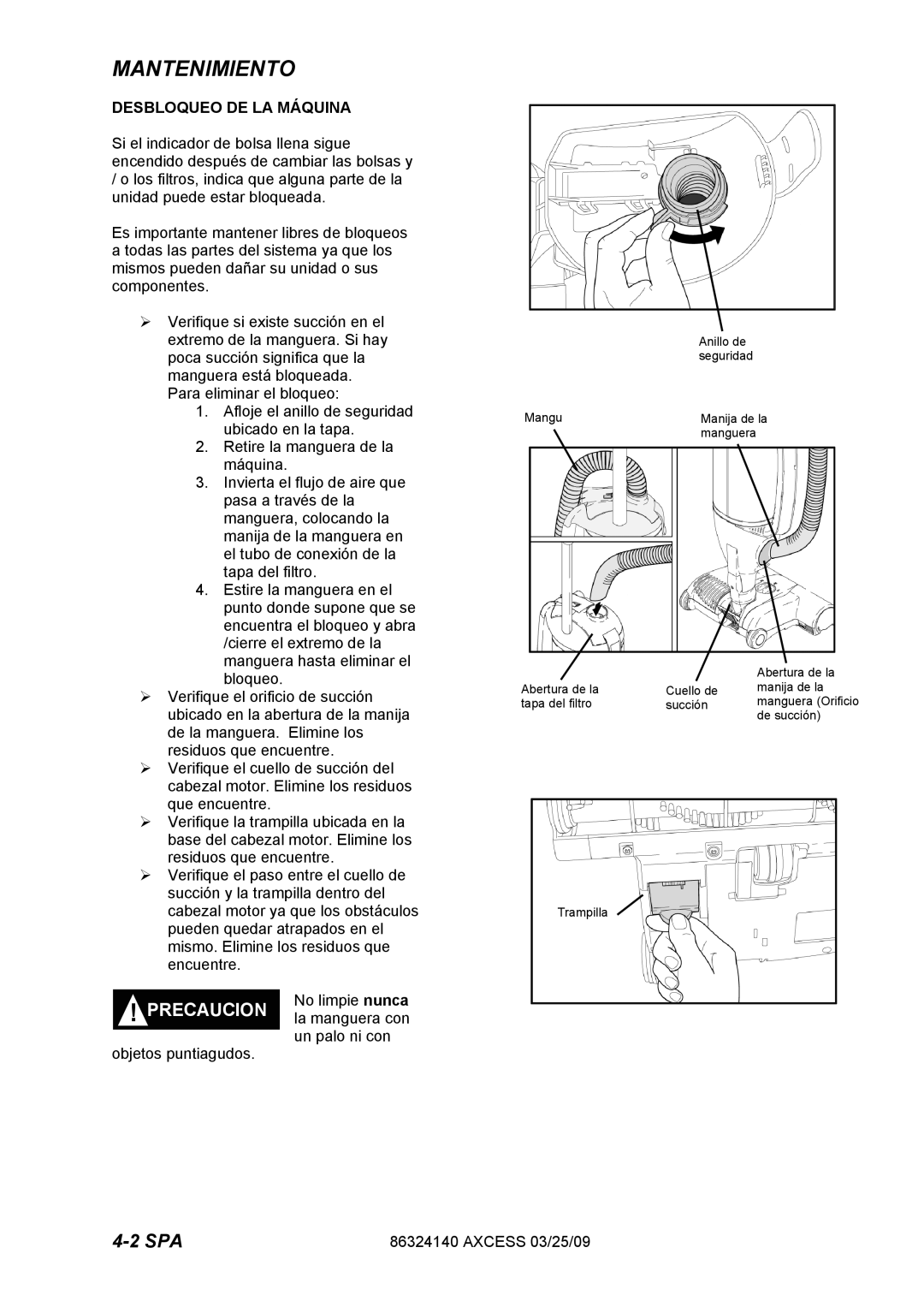 Windsor 1.012-061.0, 1.012-062.0 operating instructions Desbloqueo DE LA Máquina 