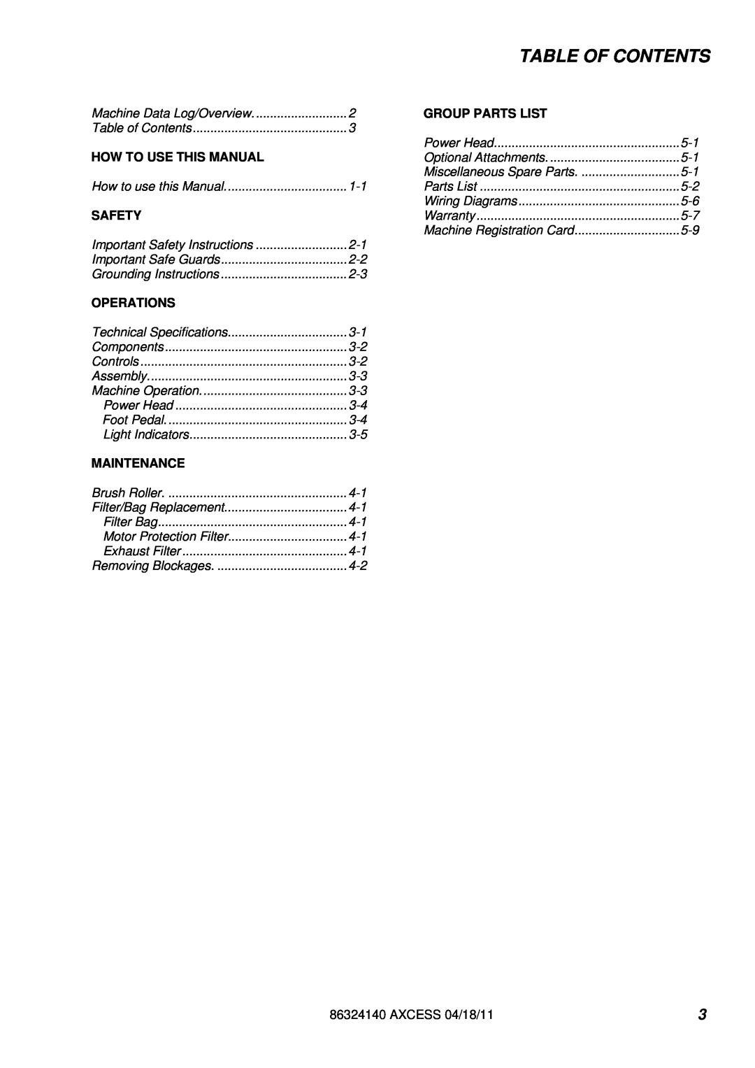 Windsor 1.012-062.0 Table Of Contents, Group Parts List, How To Use This Manual, Safety, Operations, Maintenance 