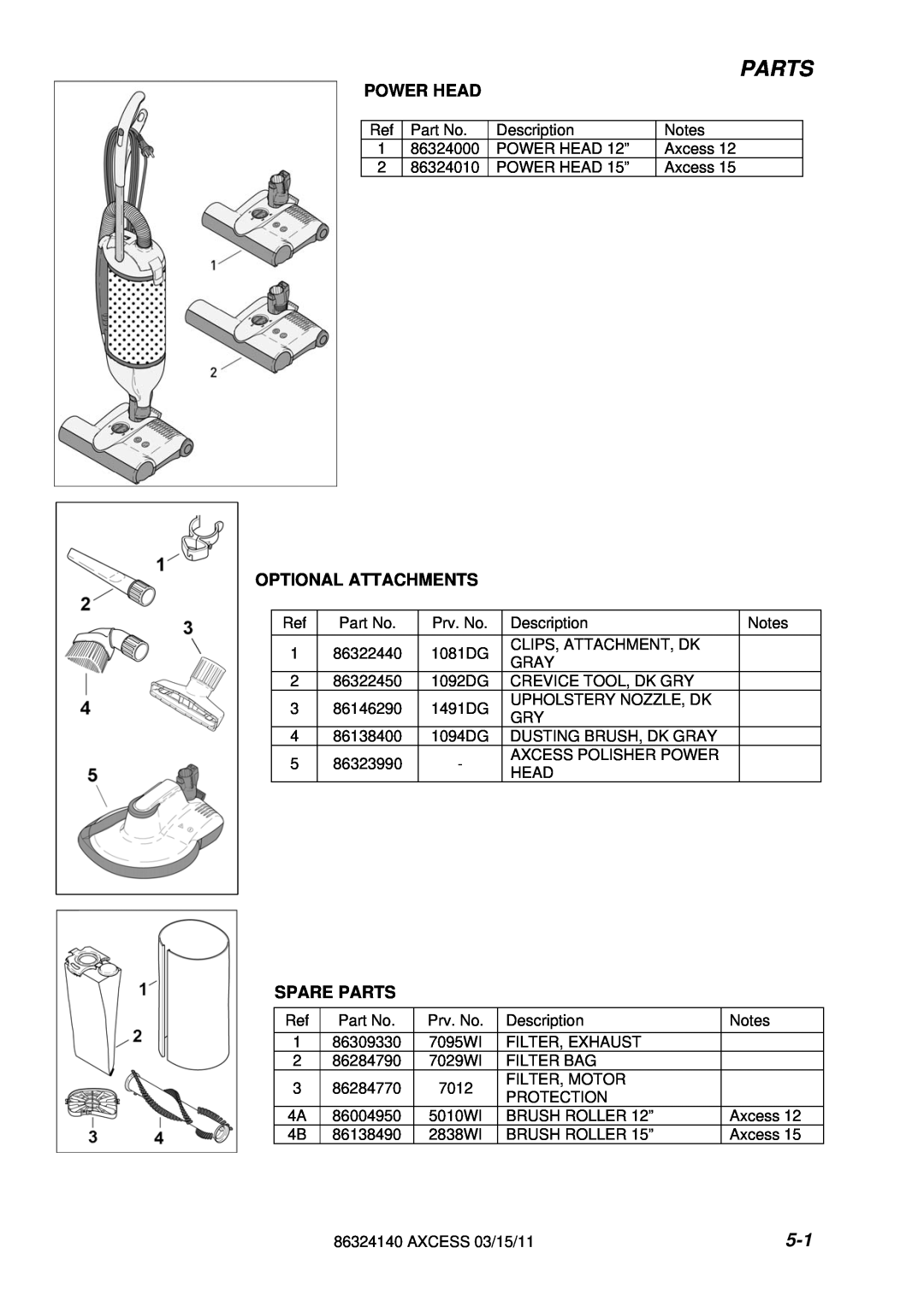 Windsor 1.012-062.0, 1.012-061.0 operating instructions Power Head, Optional Attachments, Spare Parts 