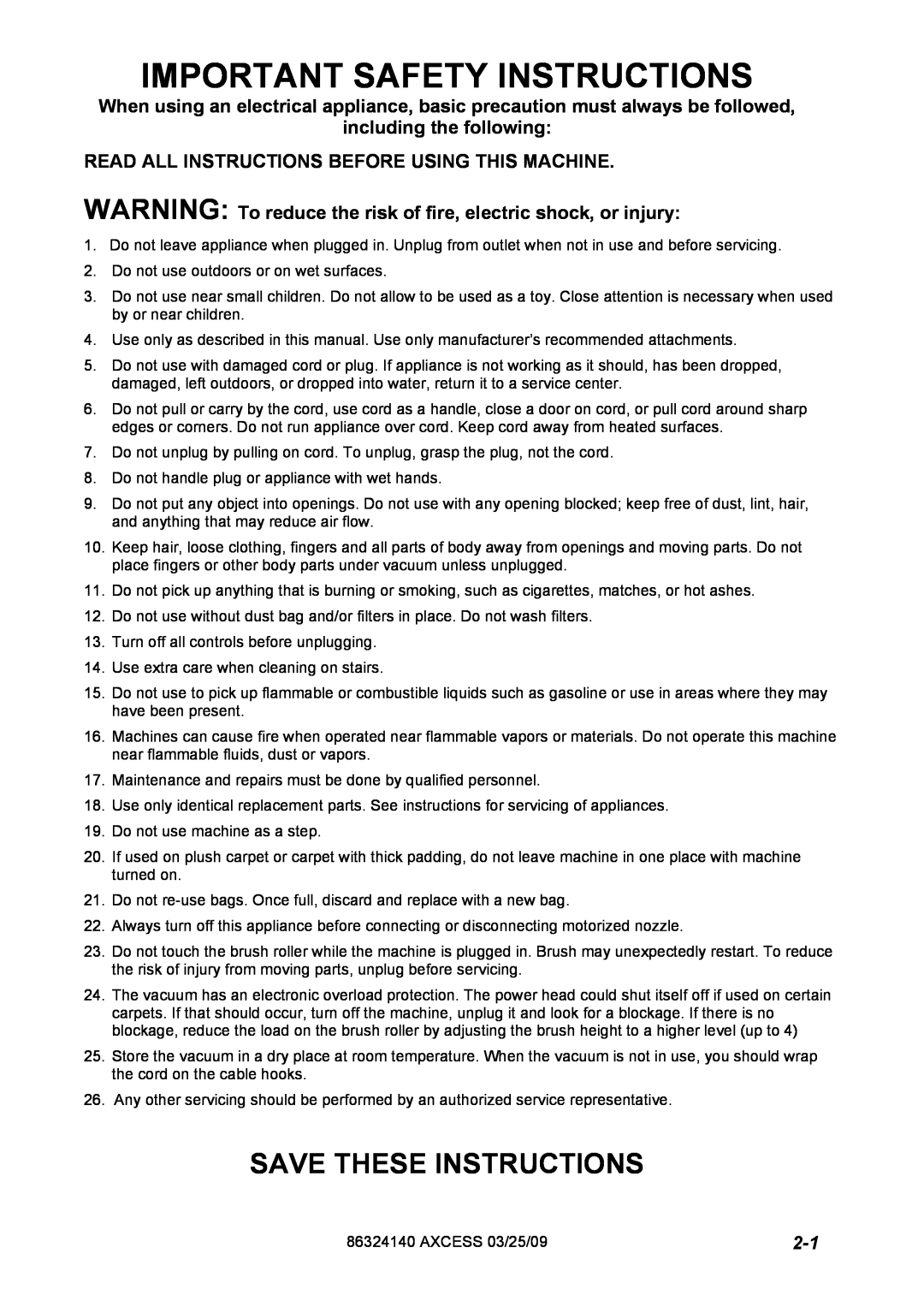Windsor 1.012-062.0, 1.012-061.0 Important Safety Instructions, Save These Instructions, including the following 
