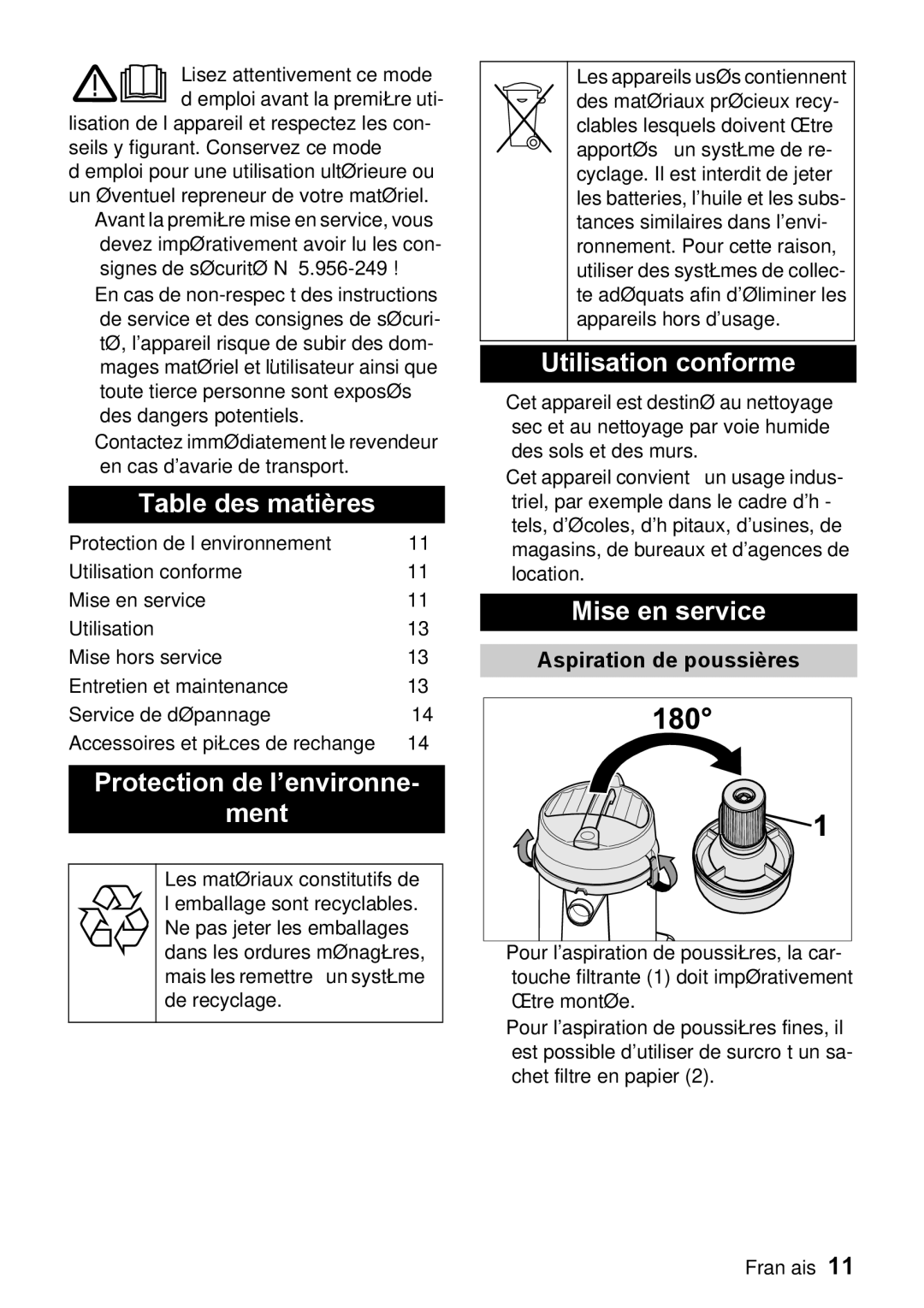 Windsor 12 manual Table des matières, Protection de l’environne Ment, Utilisation conforme, Mise en service 