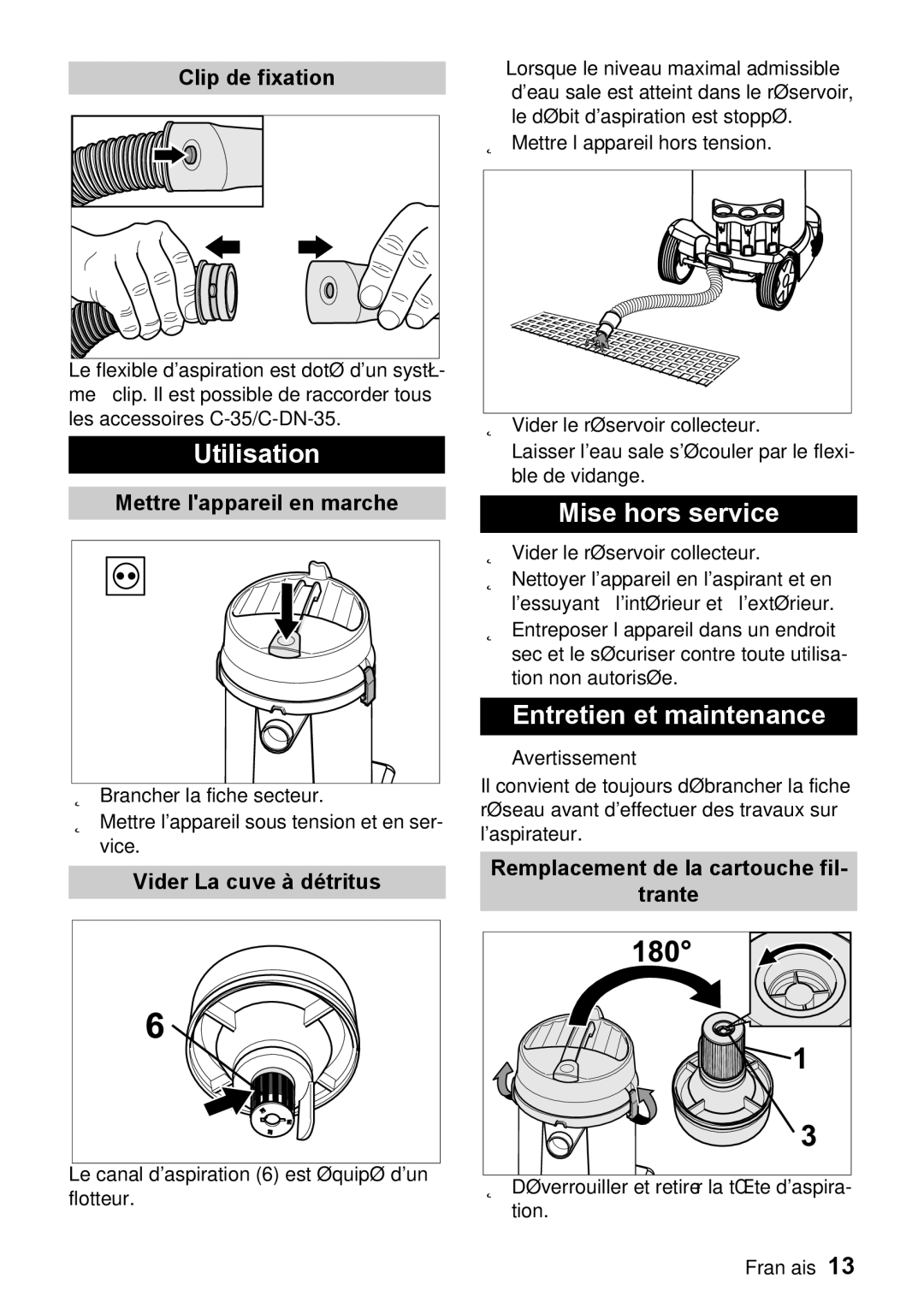 Windsor 12 manual Utilisation, Mise hors service, Entretien et maintenance 