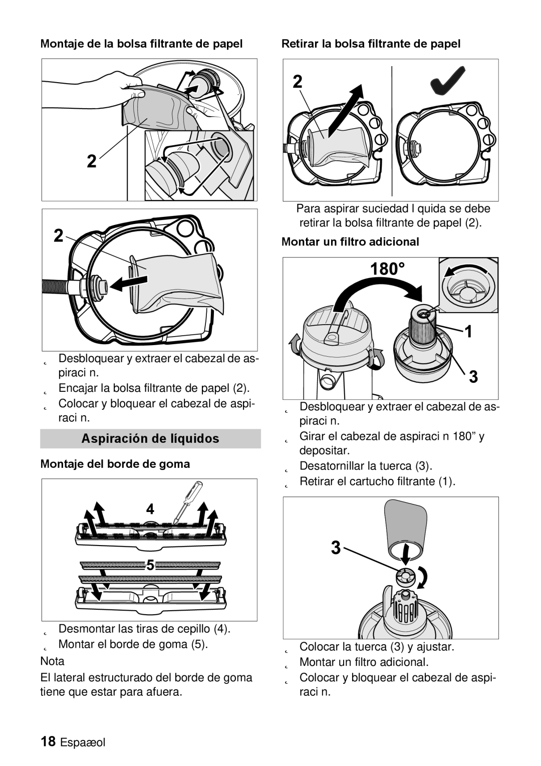 Windsor 12 manual Aspiración de líquidos, Montaje de la bolsa filtrante de papel, Montaje del borde de goma 