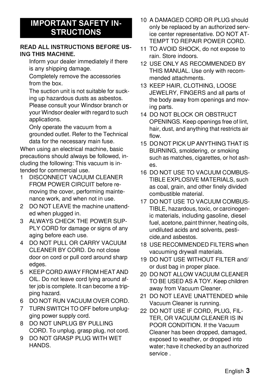 Windsor 12 manual Important Safety Structions, Turn Switch to OFF before unplug- ging power supply cord 