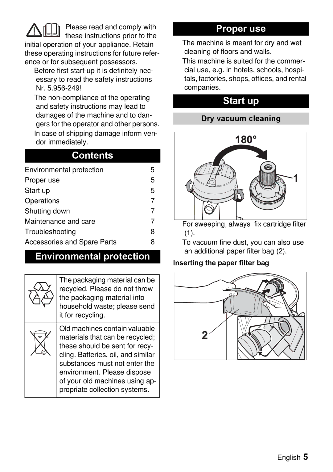 Windsor 12 manual Contents, Environmental protection, Proper use, Start up 