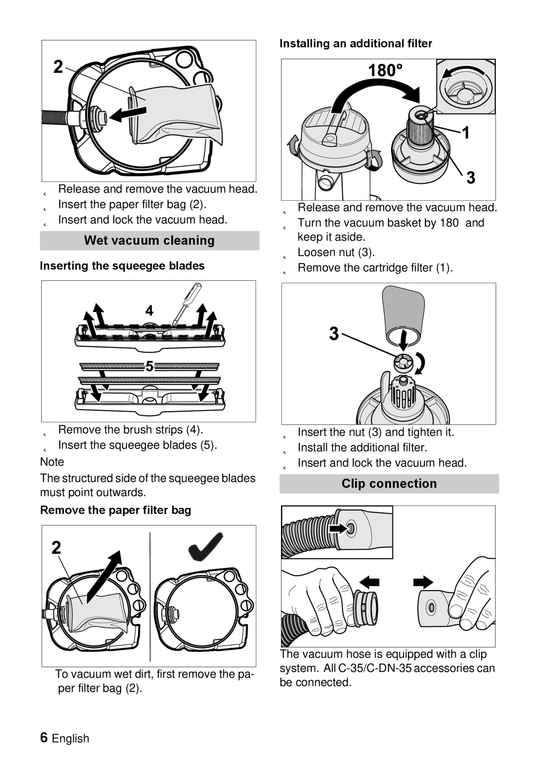 Windsor 12 manual Wet vacuum cleaning, Clip connection, Inserting the squeegee blades, Remove the paper filter bag 