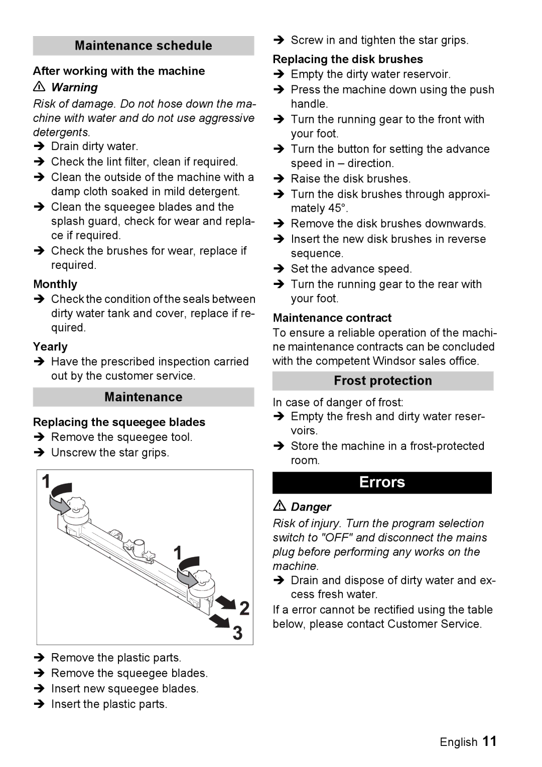 Windsor 16 manual Errors, Maintenance schedule, Frost protection 