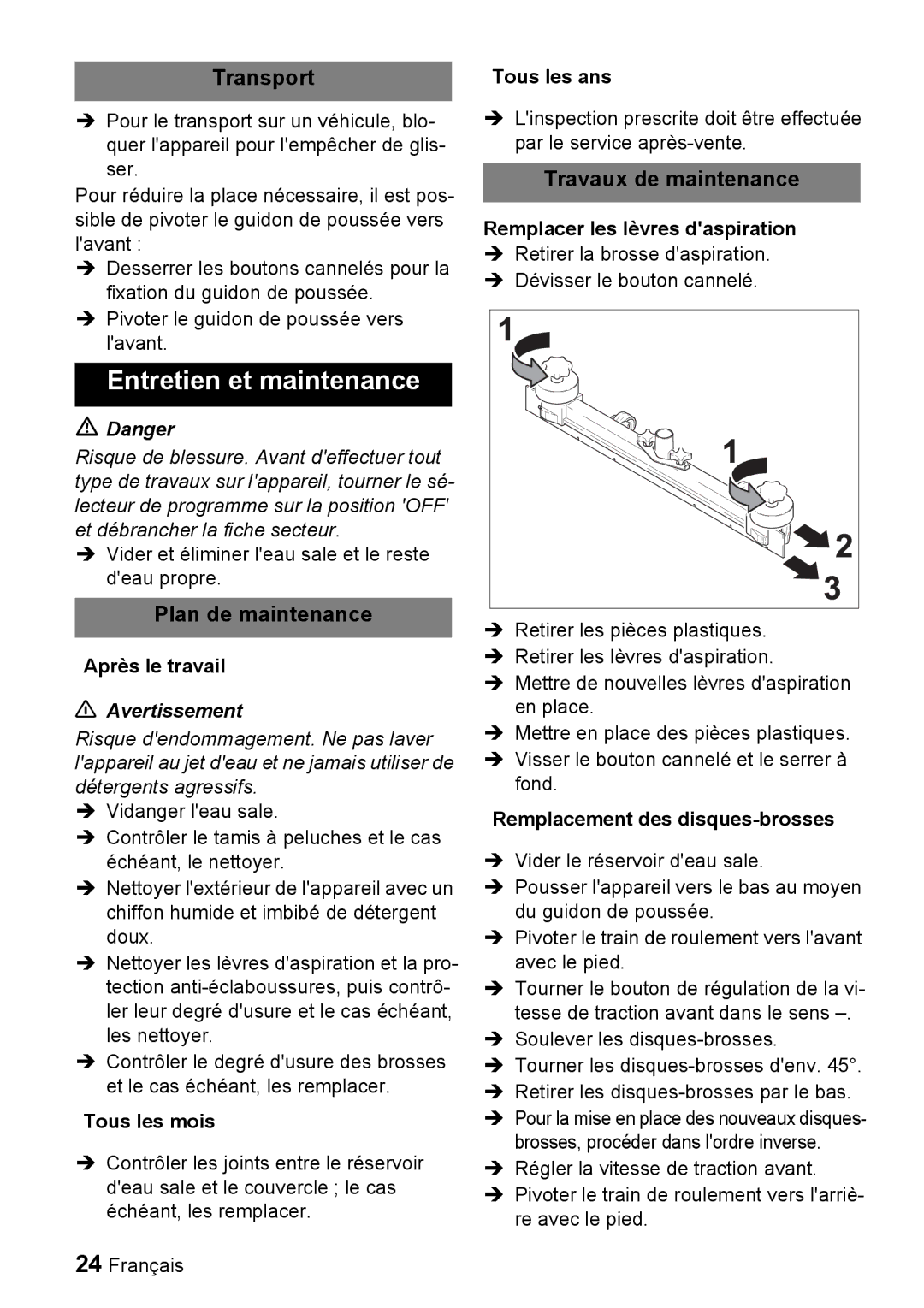 Windsor 16 manual Entretien et maintenance, Plan de maintenance, Travaux de maintenance 