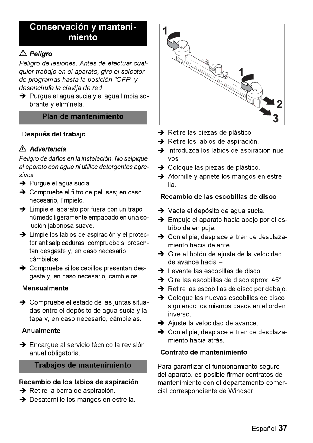 Windsor 16 manual Conservación y manteni Miento, Plan de mantenimiento, Trabajos de mantenimiento 