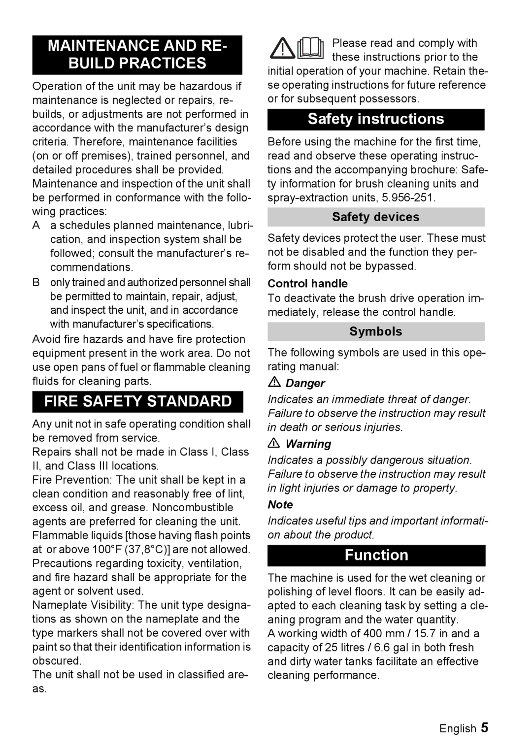 Windsor 16 manual Maintenance and RE Build Practices, Fire Safety Standard, Safety instructions, Function 