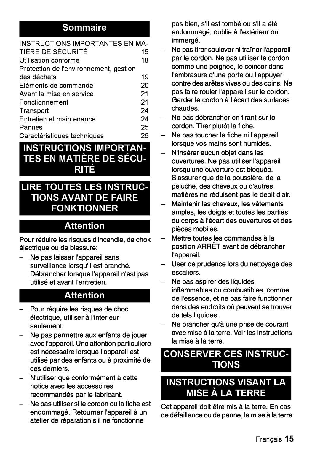 Windsor 16 manual Sommaire, Lire Toutes Les Instruc Tions Avant De Faire, Fonktionner, Conserver Ces Instruc Tions 