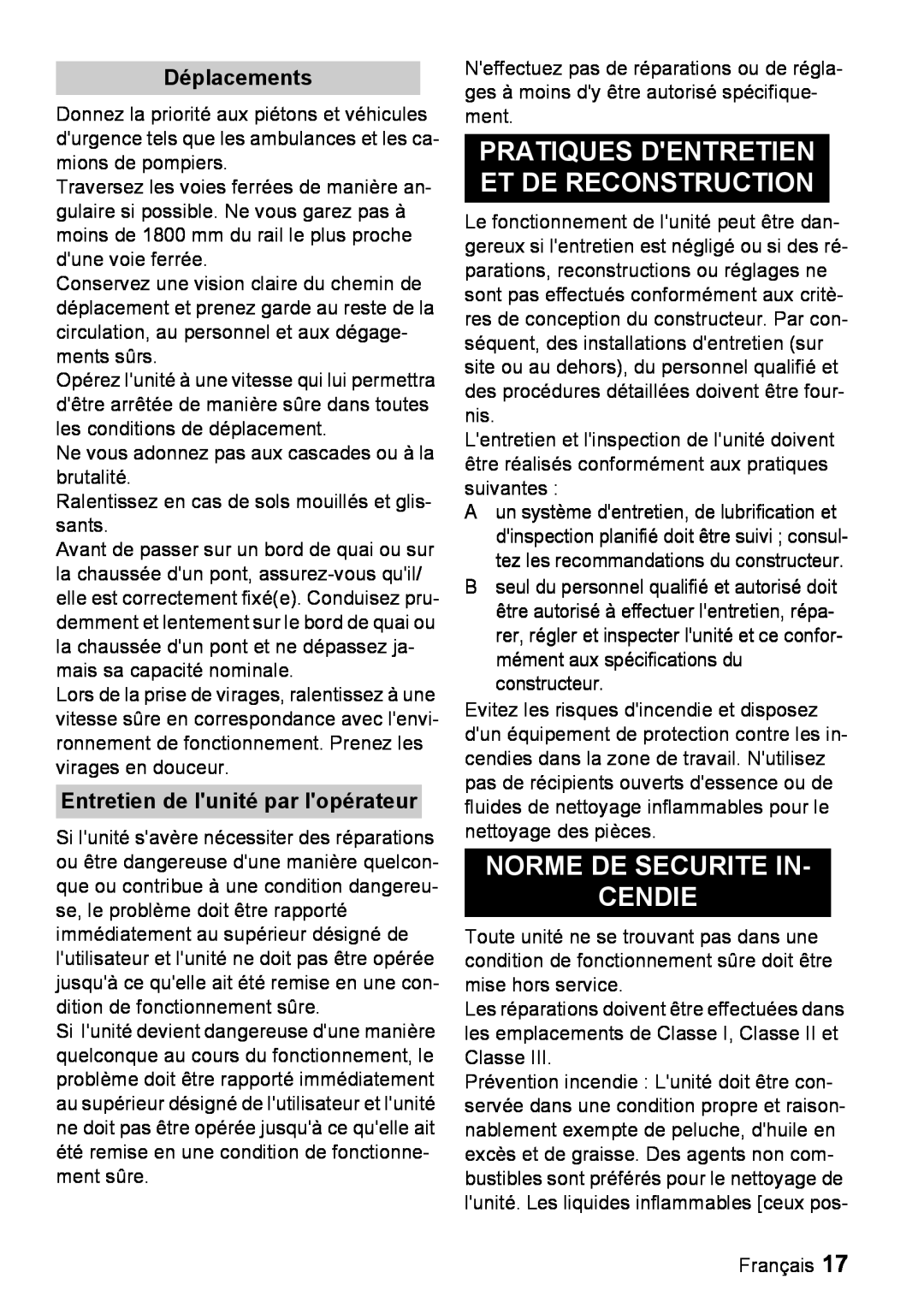 Windsor 16 manual Pratiques Dentretien Et De Reconstruction, Norme De Securite In Cendie, Déplacements 