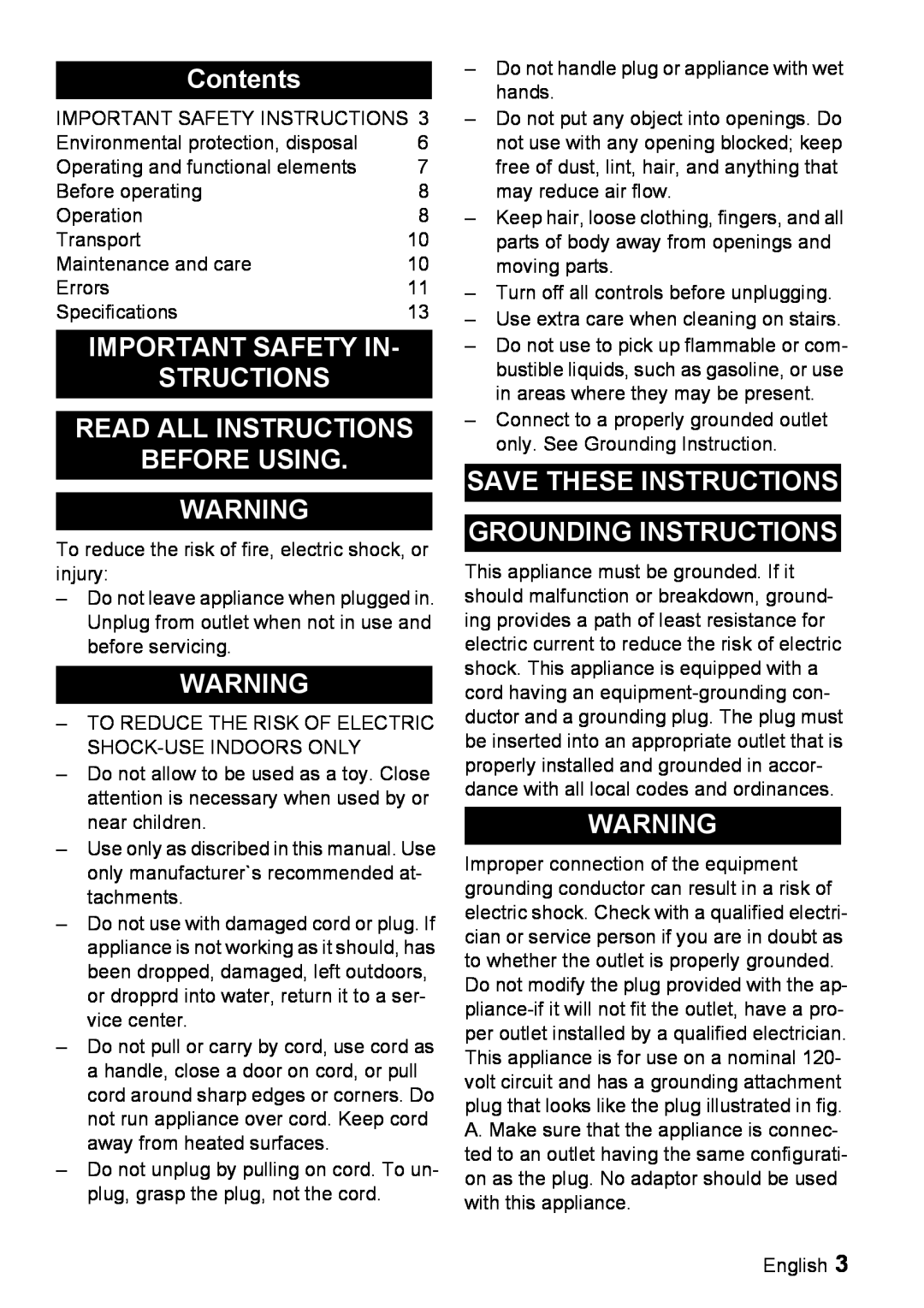 Windsor 16 manual Contents, Important Safety In Structions, Read All Instructions Before Using 