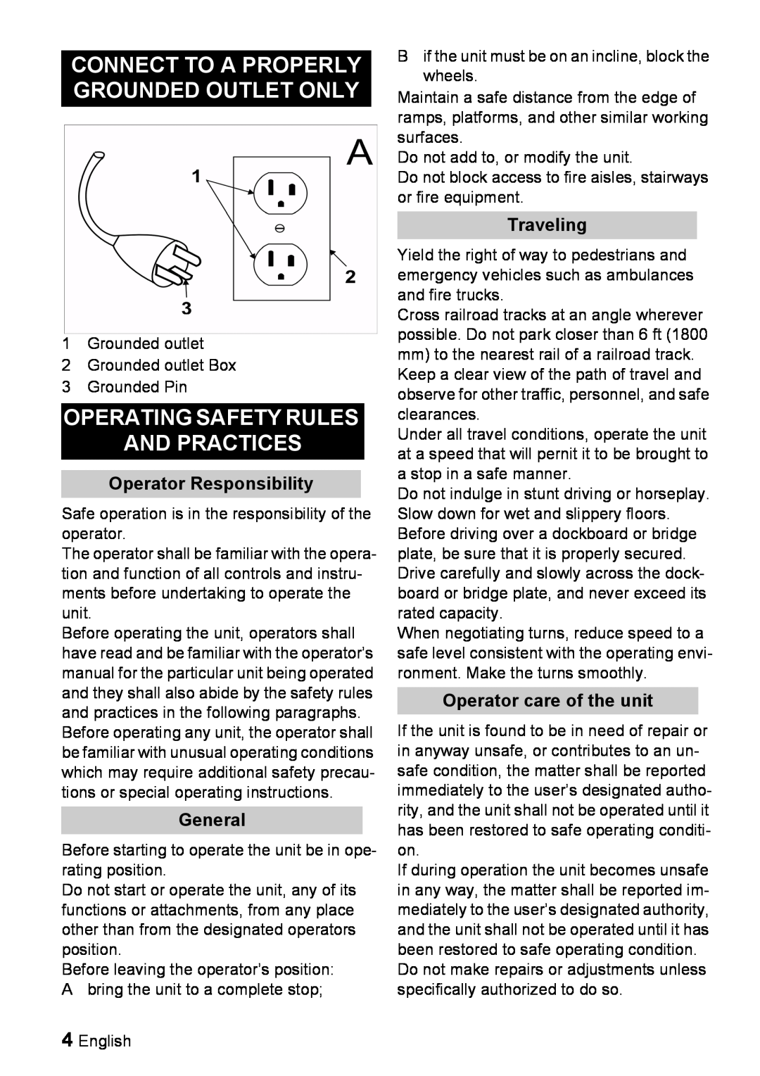 Windsor 16 manual Connect To A Properly Grounded Outlet Only, Operating Safety Rules And Practices, Operator Responsibility 