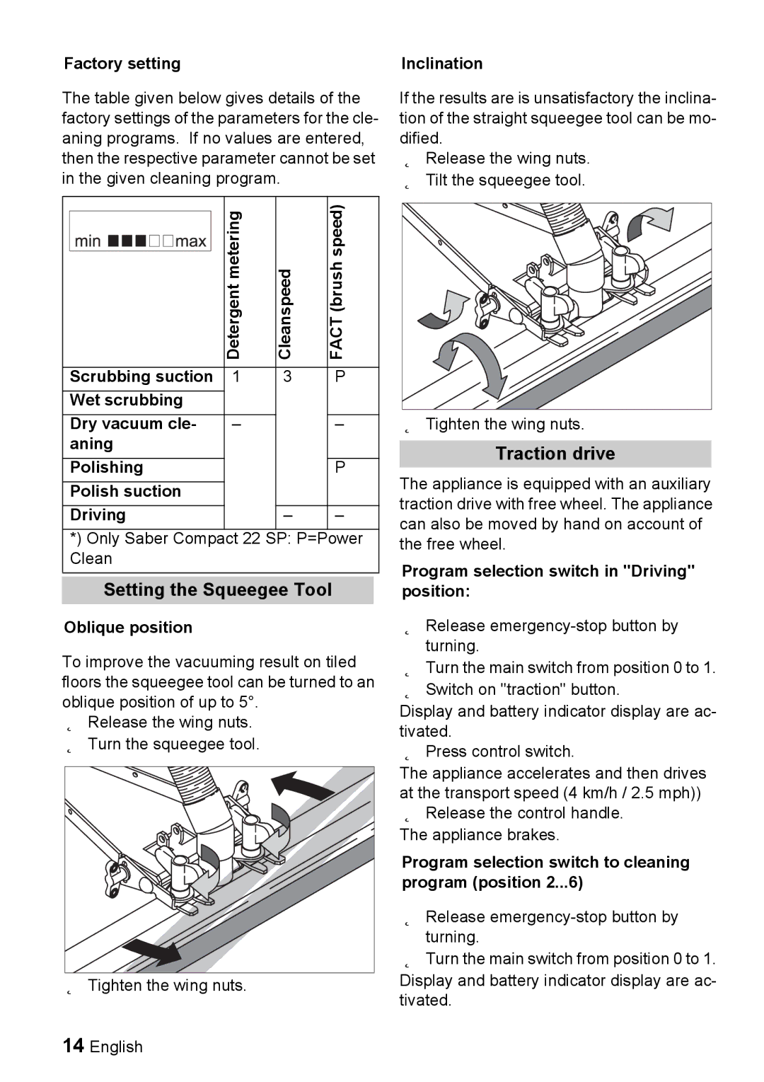 Windsor 22 SP manual Setting the Squeegee Tool, Traction drive 