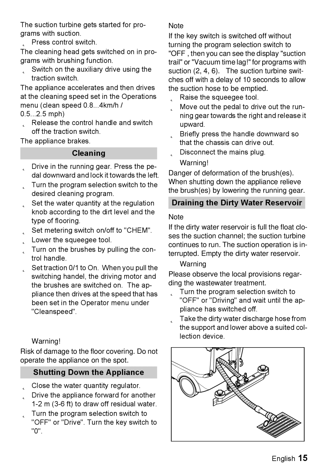 Windsor 22 Cleaning, Shutting Down the Appliance, Draining the Dirty Water Reservoir, Close the water quantity regulator 