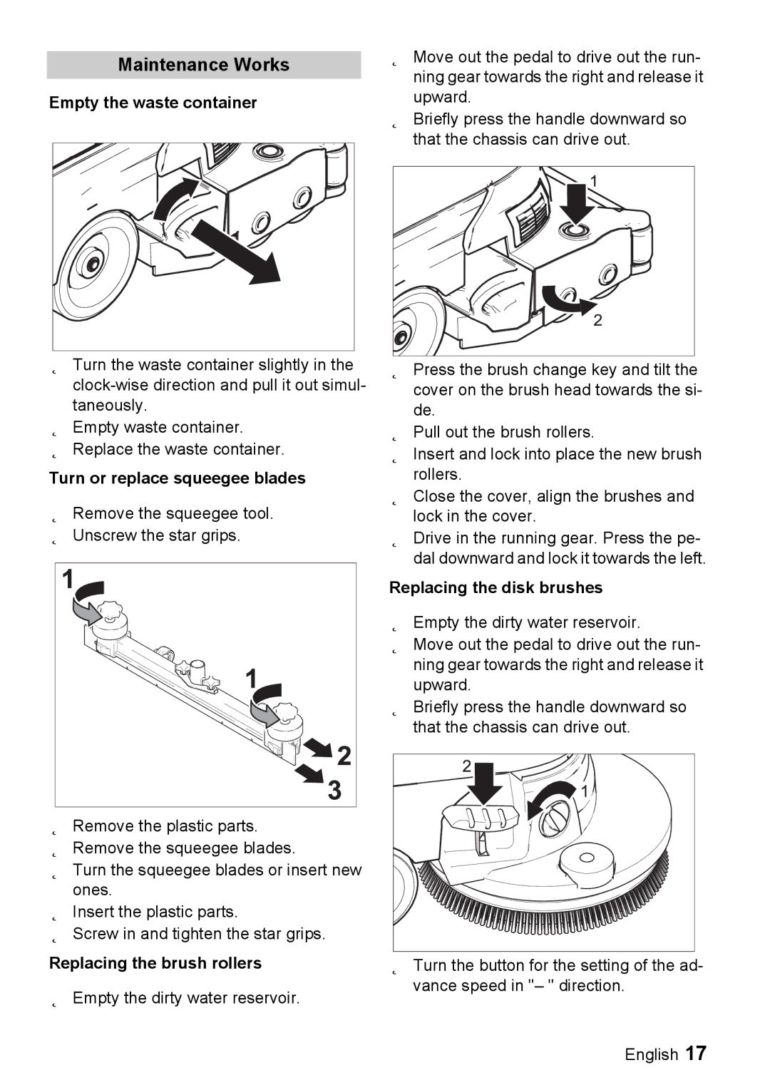 Windsor 22 Maintenance Works, Empty the waste container, Turn or replace squeegee blades, Replacing the brush rollers 