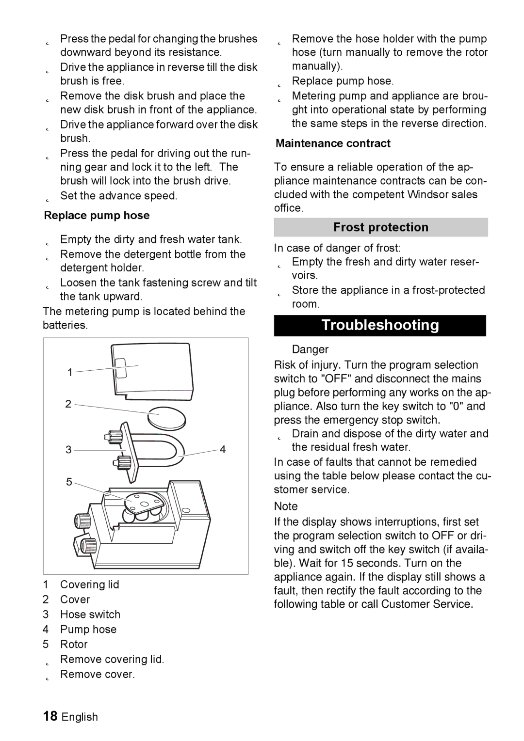 Windsor 22 SP manual Troubleshooting, Frost protection, Replace pump hose, Maintenance contract 