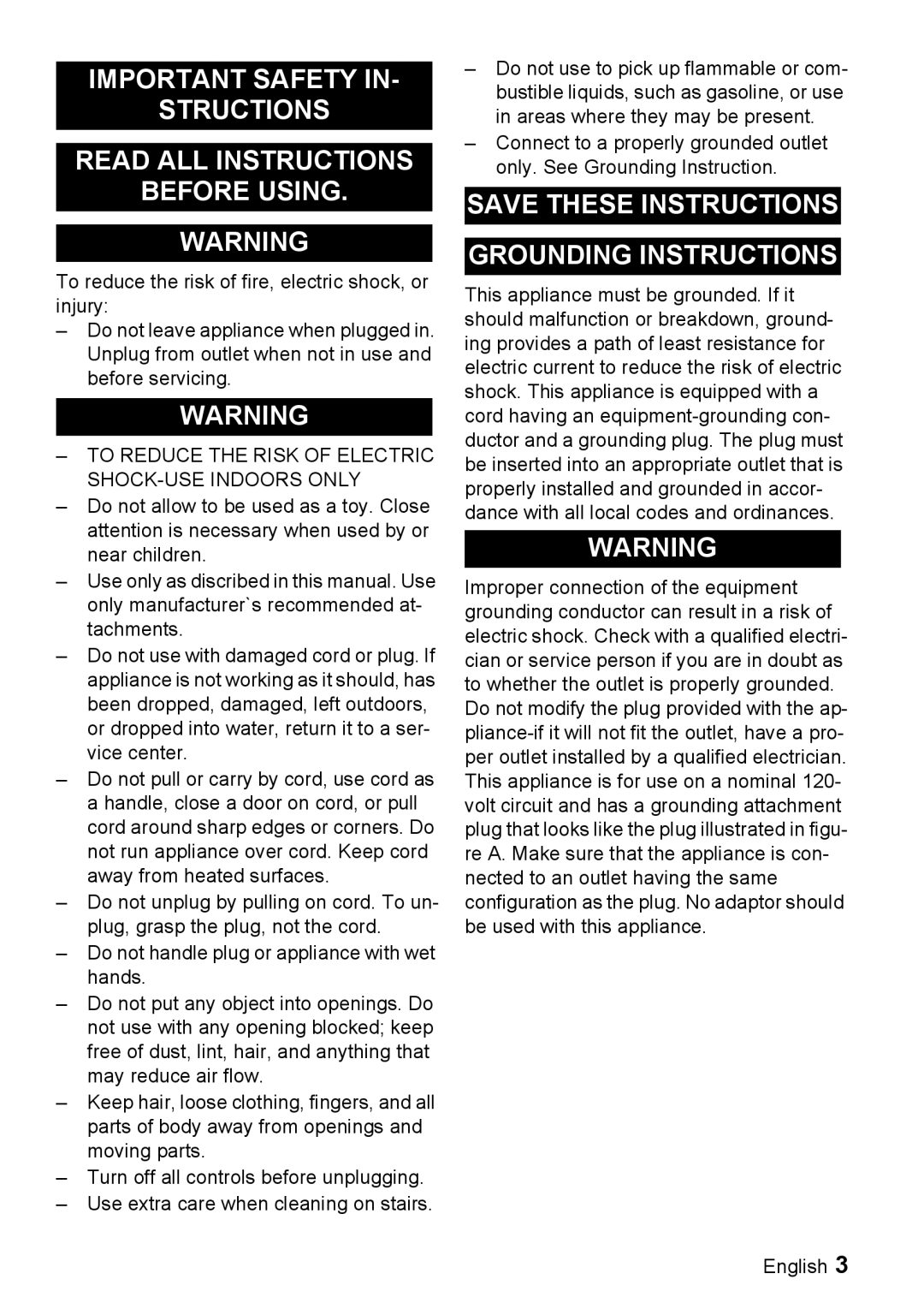 Windsor 22 SP manual Grounding Instructions, English 