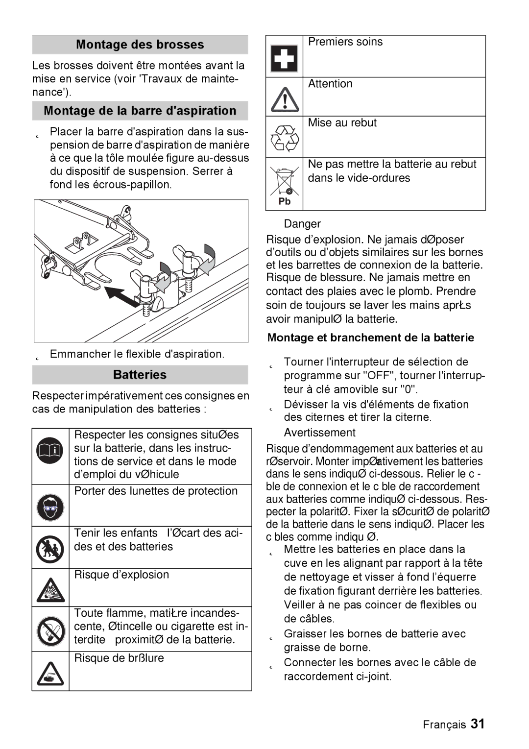 Windsor 22 SP manual Montage des brosses, Montage de la barre daspiration, Emmancher le flexible daspiration 